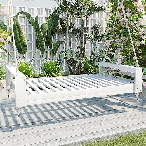 Miniatura 8 de Merax Silla de porche para patio, cama con columpio de 3 asientos para exteriores con toldo ajustable, cojín grueso, almohada y bandeja lateral