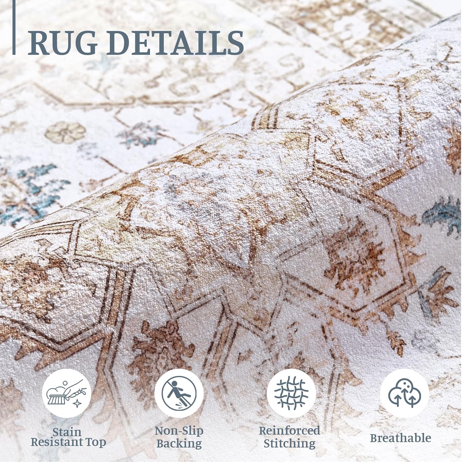8x10 Area Rugs Living Room: Washable Boho Vintage Medallion Rug Indoor Soft Non Slip Ultra Thin Non-Shedding Large Carpet for Bedroom Classroom Home Office (Olive Brown 8'x10')