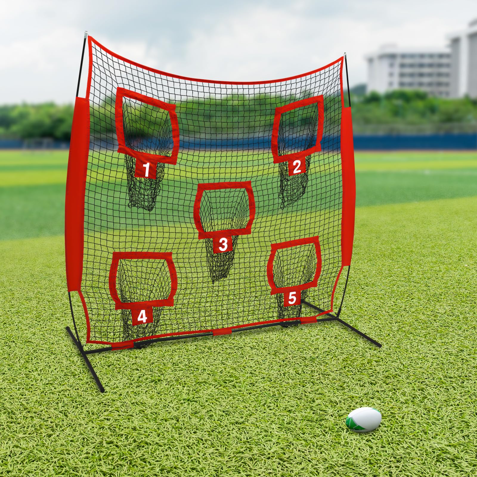 Rete da lancio da rugby con 5 tasche per bersaglio, 2,1 x 2,1 m, resistente rete da allenamento per interni ed esterni