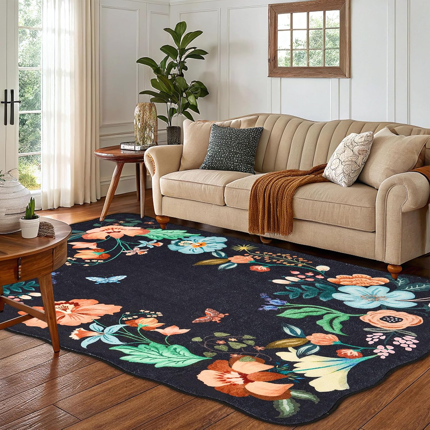 boho washable 8x10 rug for living room clearance, black floral bedroom rugs, non slip soft low pile easy clean carpet for playroom rug nursery farmhouse dining room office