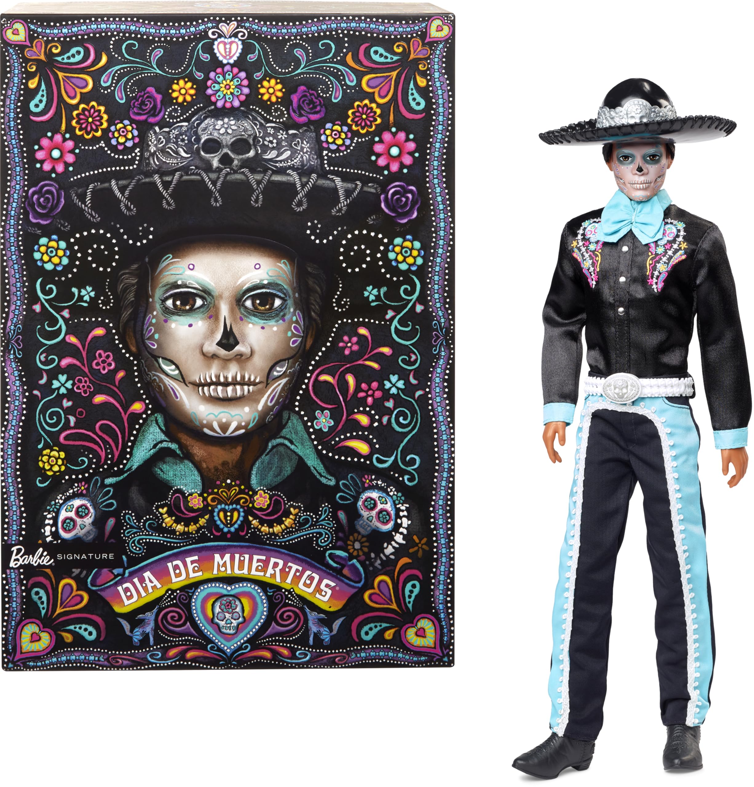 Barbie Signature Ken Día de Muertos 2024 Muñeco Coleccionable con Traje Negro y Adornos de Color Azul Cielo, Incluye Accesorios de Sombrero y cinturón, HRM73