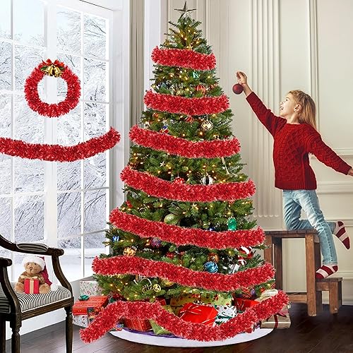 Miniatura 4 de Guirnalda de oropel de Navidad roja de 50 pies, guirnalda de Navidad con torsión metálica para decoración de árbol de Navidad, guirnaldas colgantes