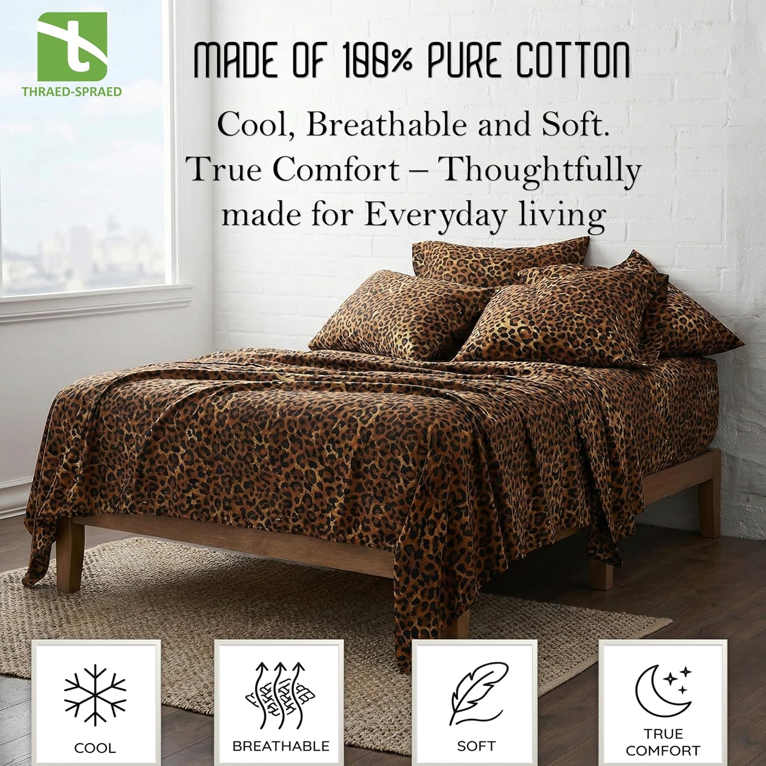 Queen Size 4-Piece Sheet Set 800 Thread-Count 100% Egyptain Cotton, 800TC Soft, Breathable, Long-Staple Cotton Sateen Weave, Fits 15 Inches Deep Pockets Mattress - Leopard Print