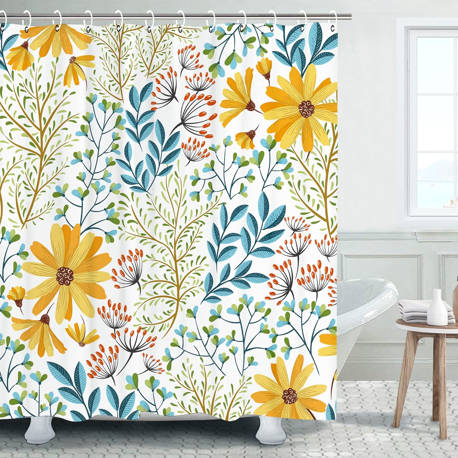LIVILAN Floral Shower Curtain, Yellow Floral Shower Curtain