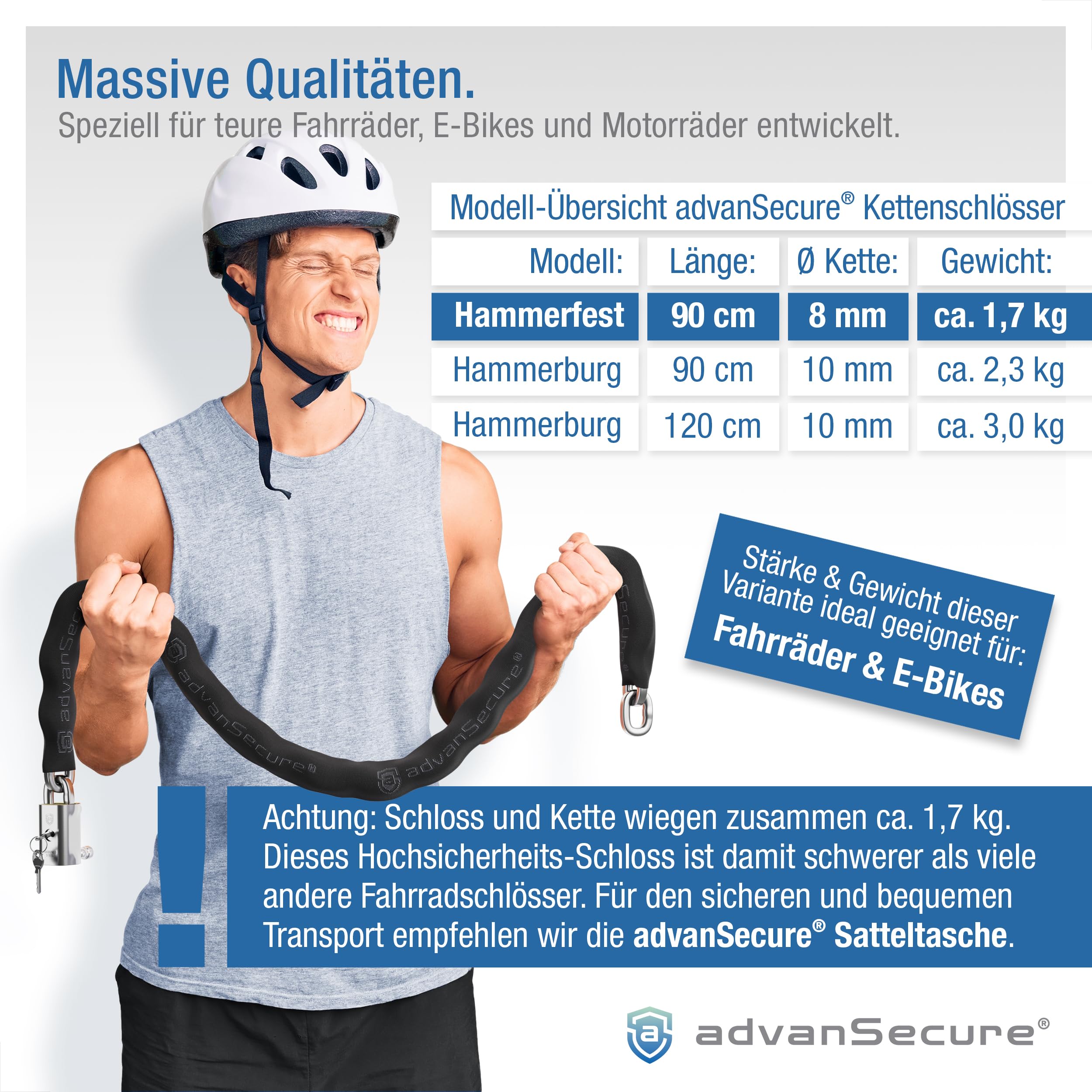 advanSecure® Hochsicherheits-Kettenschloss | optimal für Fahrrad und E-Bike | Sicherheitsstufe 8/10 | 90 cm Länge, 8 mm Kettenglieder | gehärteter Spezialstahl | abnehmbarer Schlosskörper-Schutz