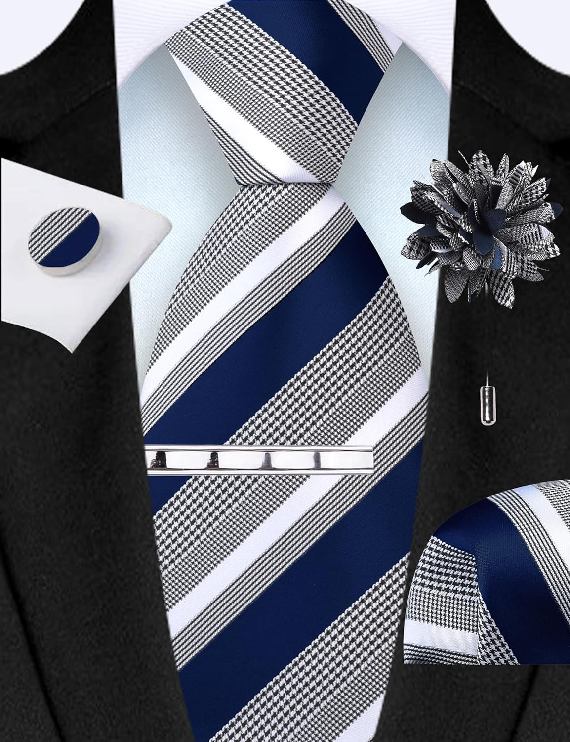 GUSLESON Striped Tie Set for Men Necktie and Pocket Square,Tie Clip,Cufflinks, Lapel Pin Sets with Gift Box 5PCS - Image 2