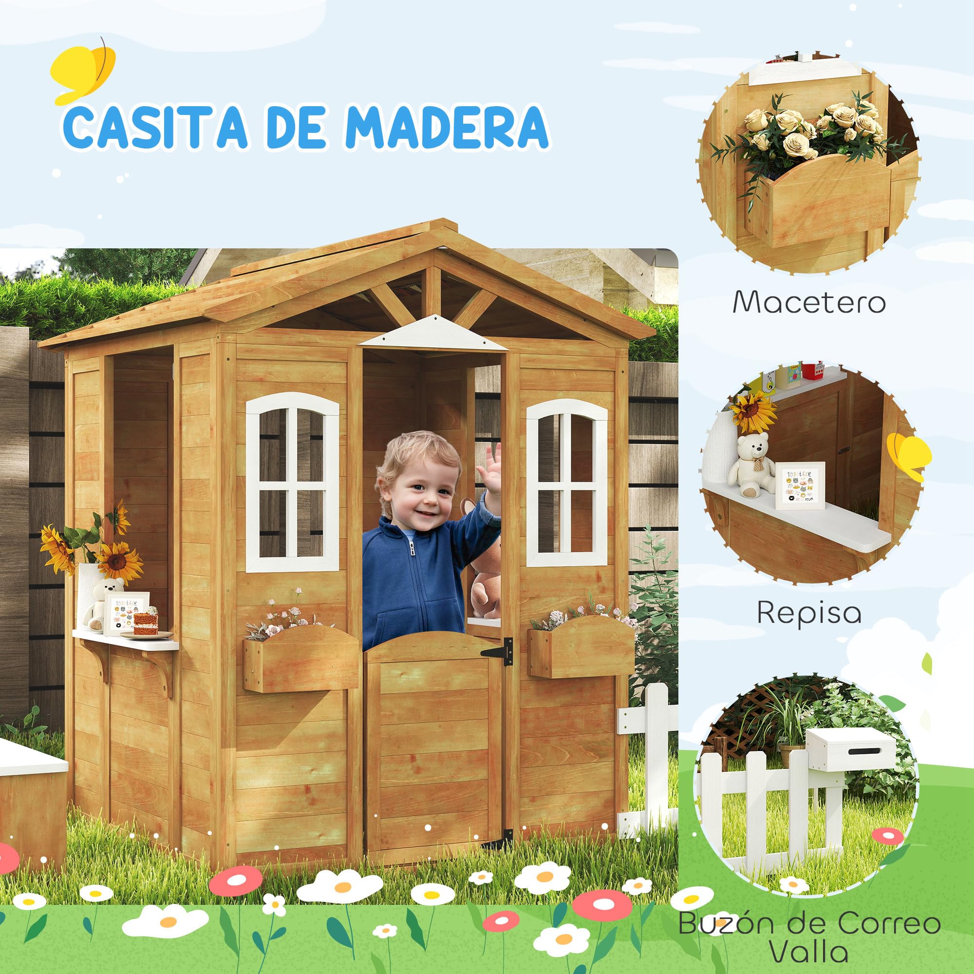 Outsunny Casita Infantil Exterior de Madera Casita Infantil de Jardín con Buzón Ventanas Jardinera Mostrador y Banco Casa de Juegos para Niños a Partir de 3 Años Natural