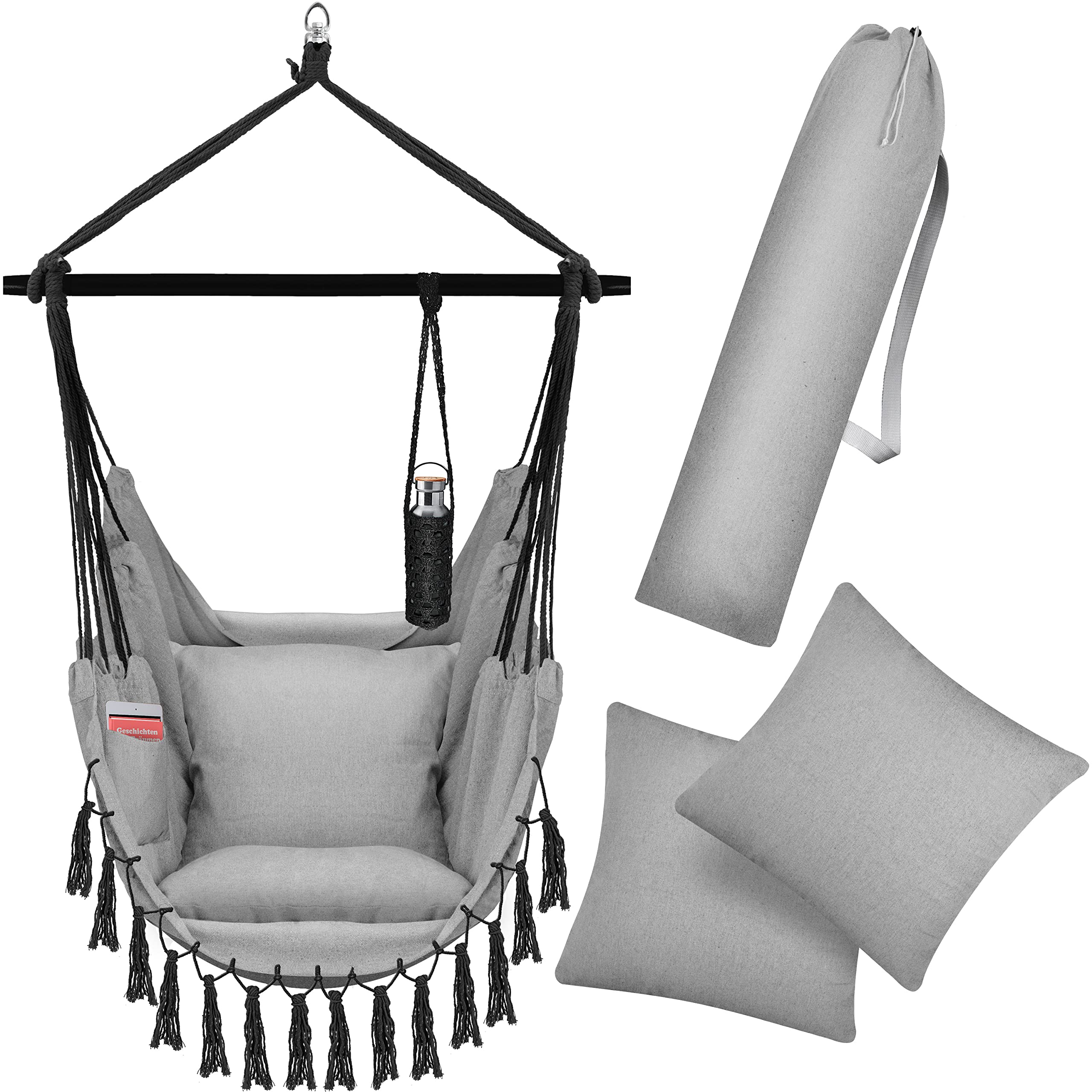 KESSER® Poltrona sospesa con 2 cuscini Portabevande e scomparto per libri - Sedia sospesa Safari XXL per adulti e bambini, Amaca con capacità di carico fino a 150 kg, interni ed esterni