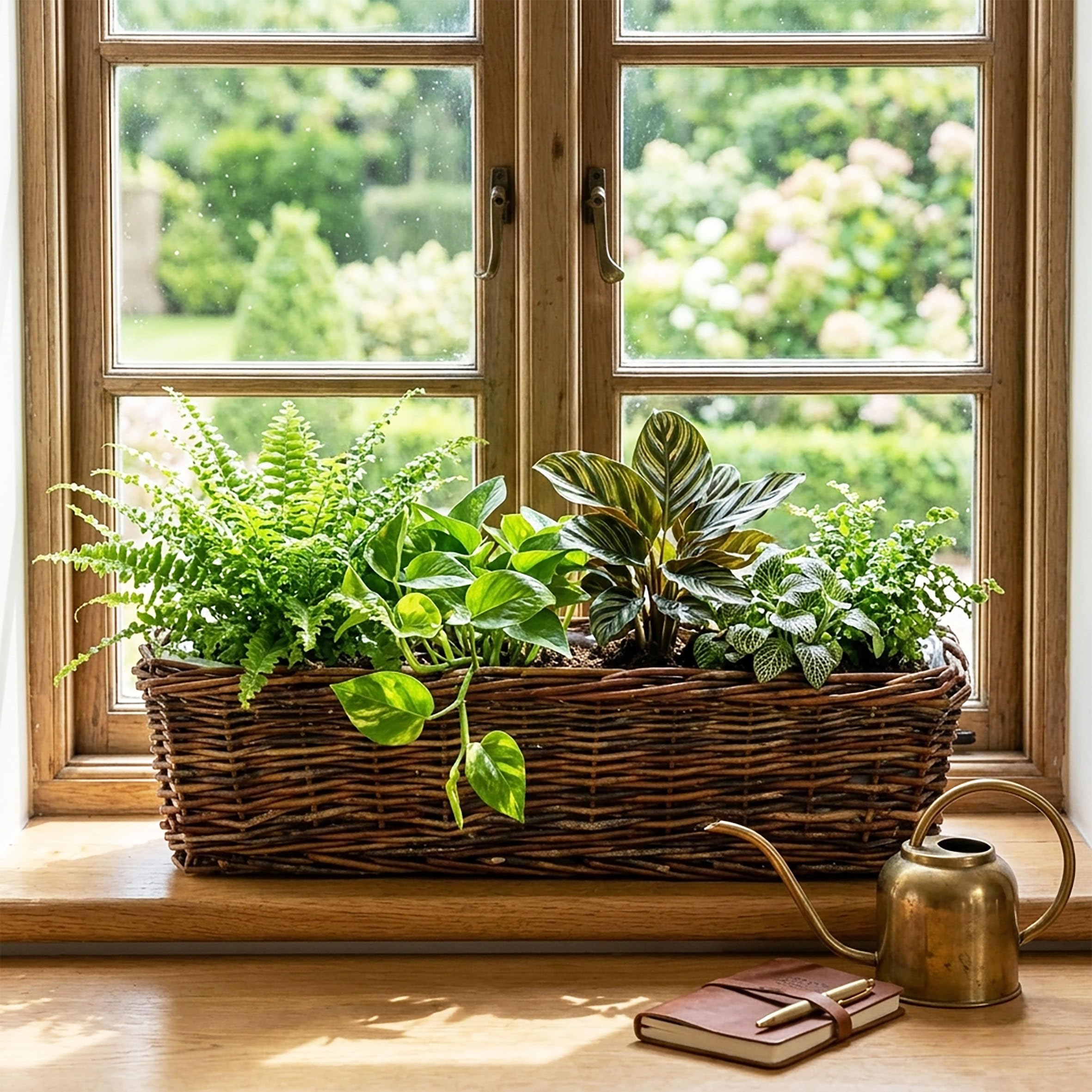 Spetebo Rattan skrzynka balkonowa, zestaw 2 szt., prostokątne, z folią, kolor naturalny, ciemne – 60 x 19 cm – rattanowa skrzynka na kwiaty z zawieszeniem na balustrady do 3,5 cm – skrzynka na rośliny