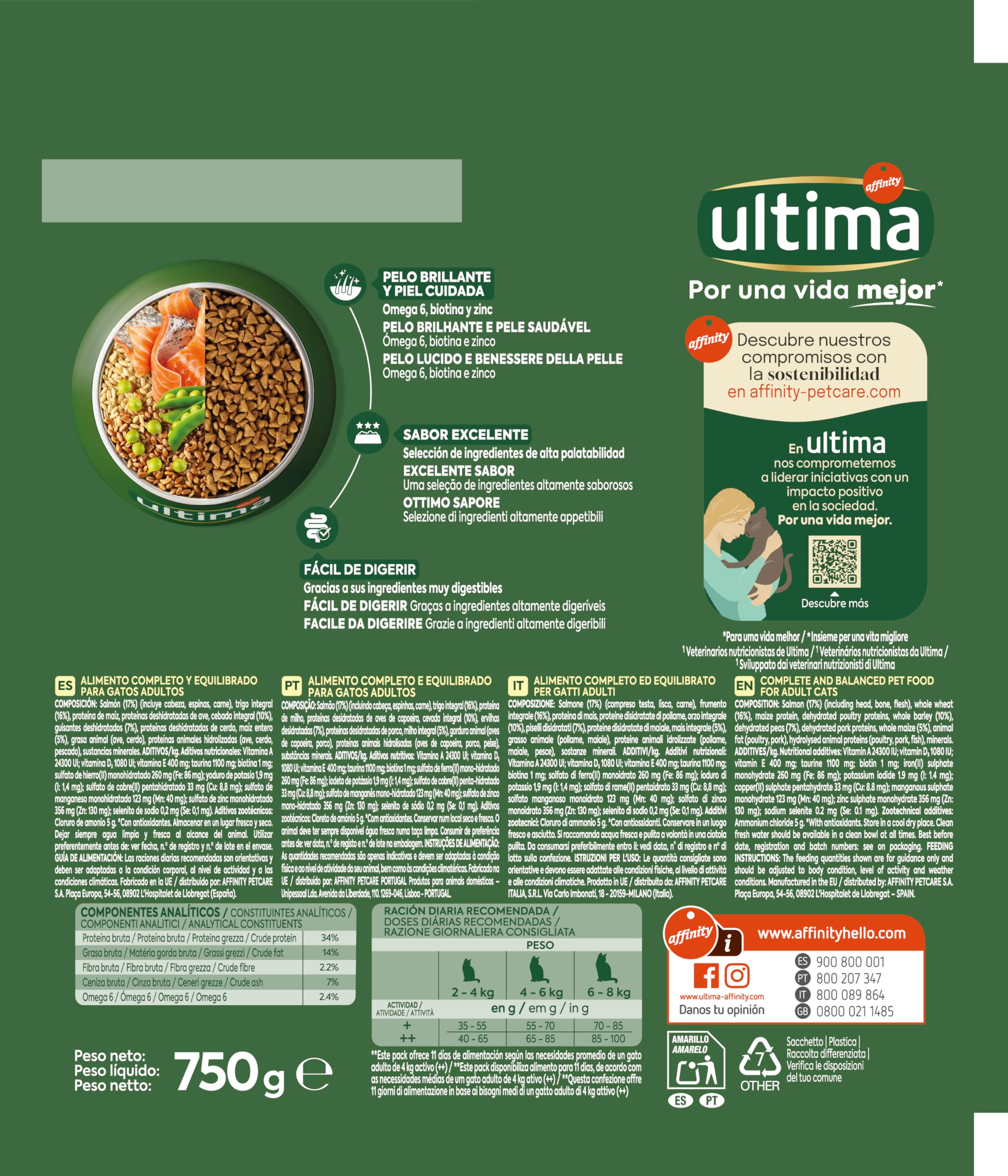Ultima Dorosły łosoś, sucha karma dla kotów, opakowanie 8 x 750 g, łącznie 6 kg