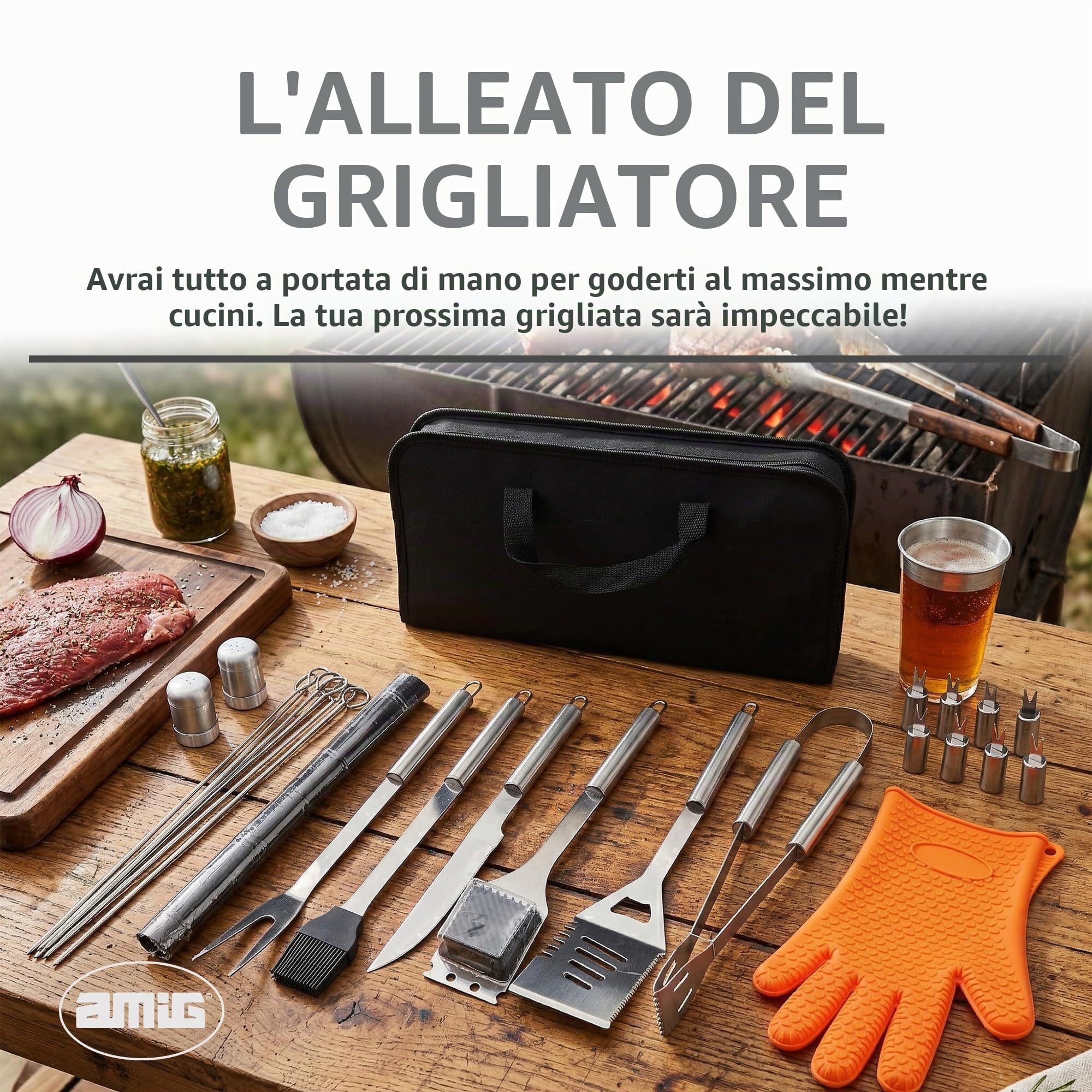 Amig - Kit 28 Accessori per Barbecue - 39 x 19 x 6 cm - Acciaio Inossidabile - Set Completo di Utensili - Accessori Pratici e Presentazione Curata per Regalo - Mod. AM18