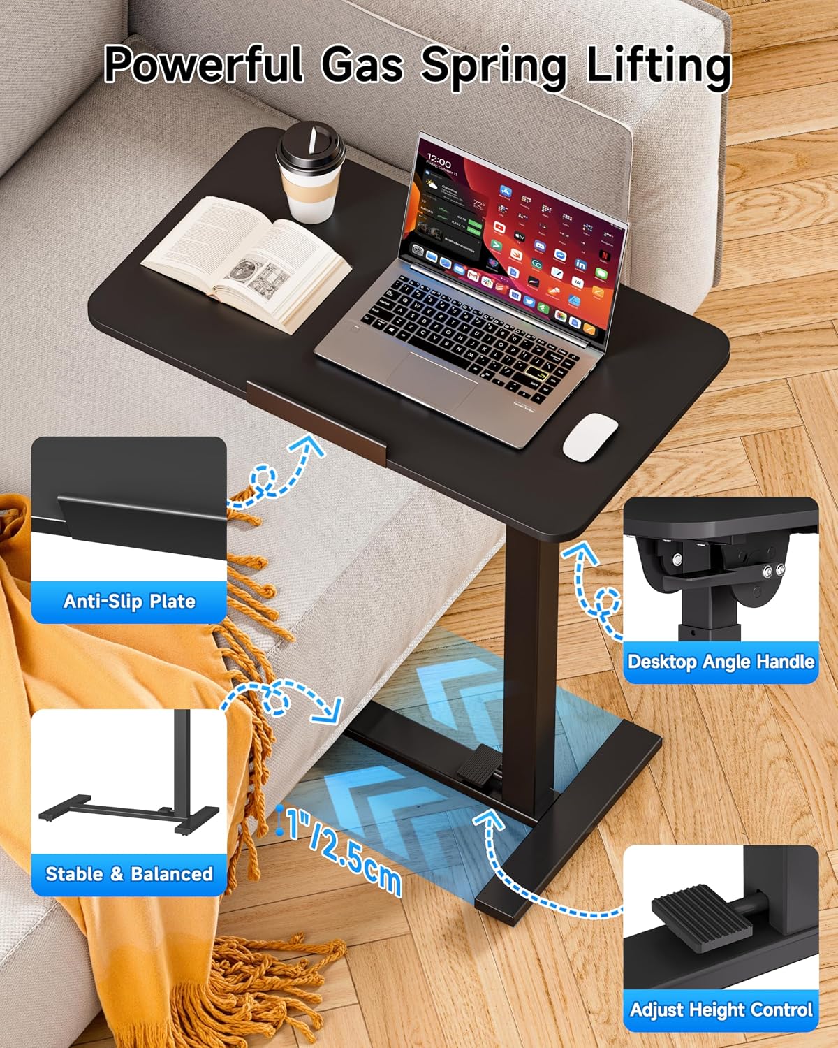 BIZUM Mobile Standing Desk Laptop Desk Pneumatic with Wheels 180° Tilt Top Hospital Bed Table Portable Rolling Cart Foldable Bedside Table for Hospital&Home Use, Black