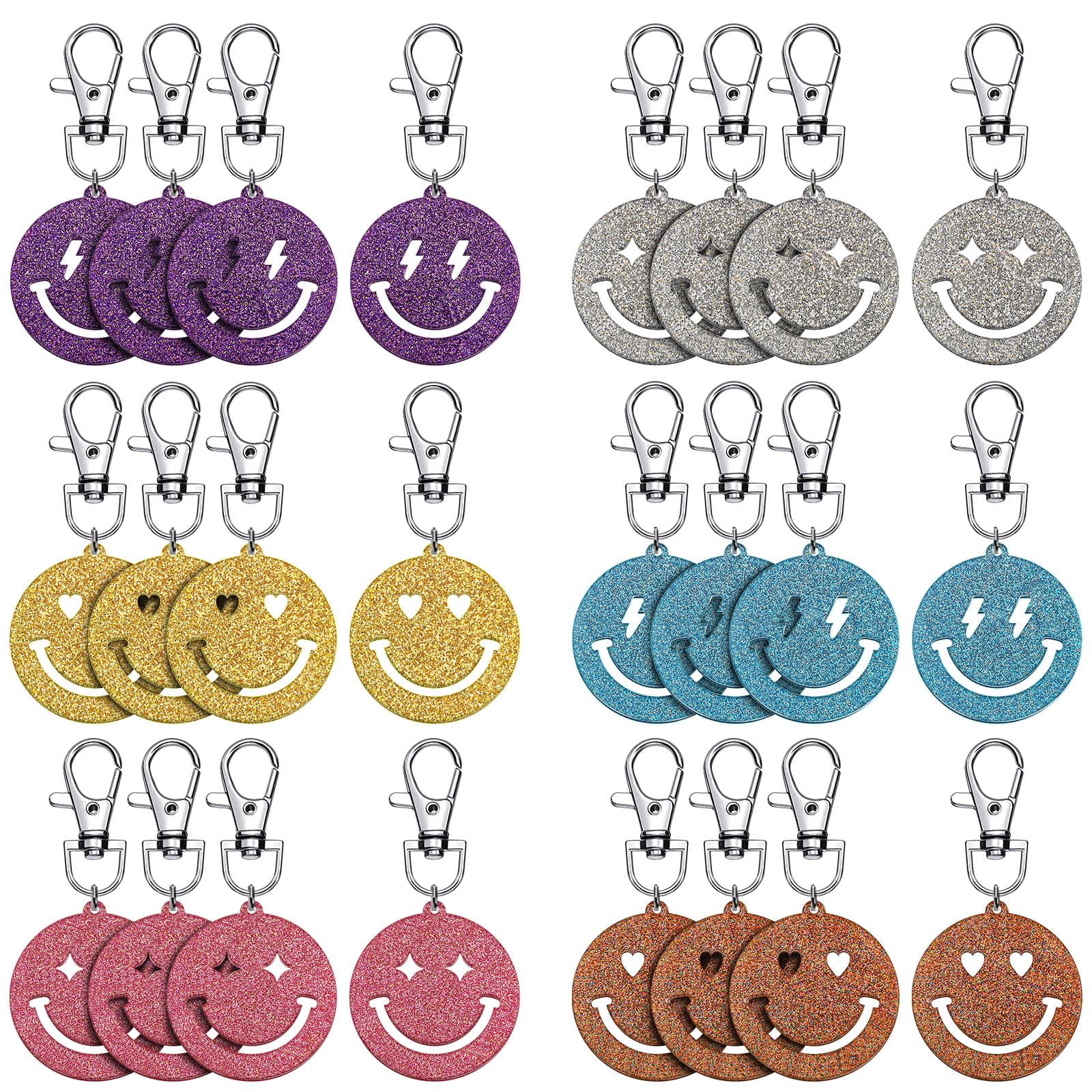 24 Pcs Smile Key Chain Acrylic Smile Face Keychain Multicolor Happy Face Keychain Cute Girl Women's Keyrings and Keychains (Glitter Colors)