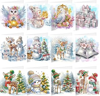 SHEPIN 12 Stück Diamond Painting Weihnachtskarten, 5D Diamant Painting Weihnachten Karten mit Umschlag, Handgemachtes Diamant Malerei Grußkarten Weihnachten Geschenk für Freunde und Familie