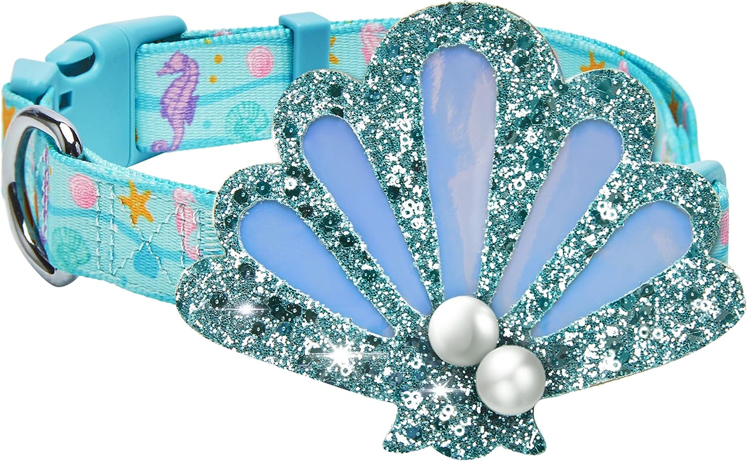 Blueberry Pet Summer Sparkle Dog Collar, Adjustable Small Size, Neck 12″-16″, Turquoise, Ocean Fish and Seahorse Print Nautical Pet Collar with Detachable Seashells Accessory