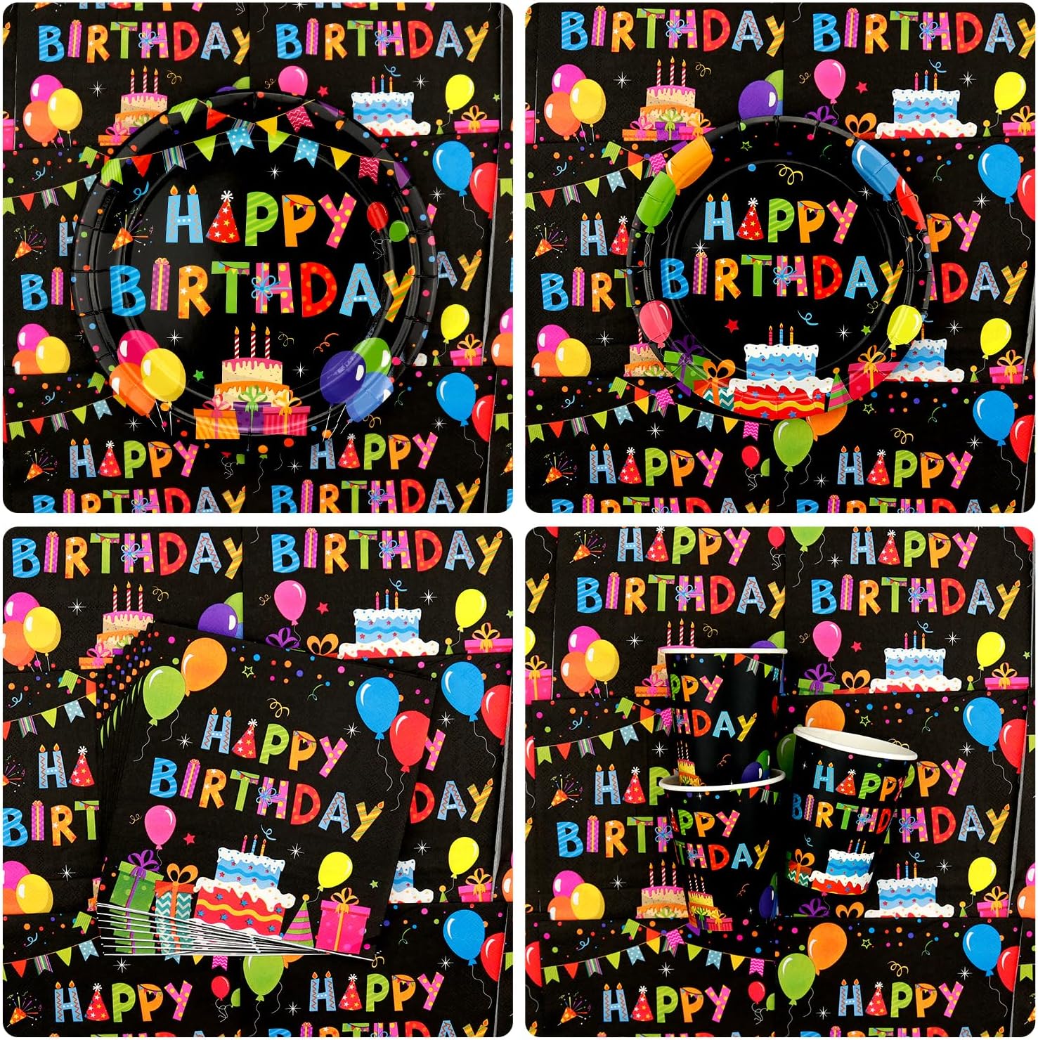 Colourful Party Decoration - Black and Colourful Party Tableware Supplies Includes Plates, Cups, Napkins, Tablecloth, Straws (40)