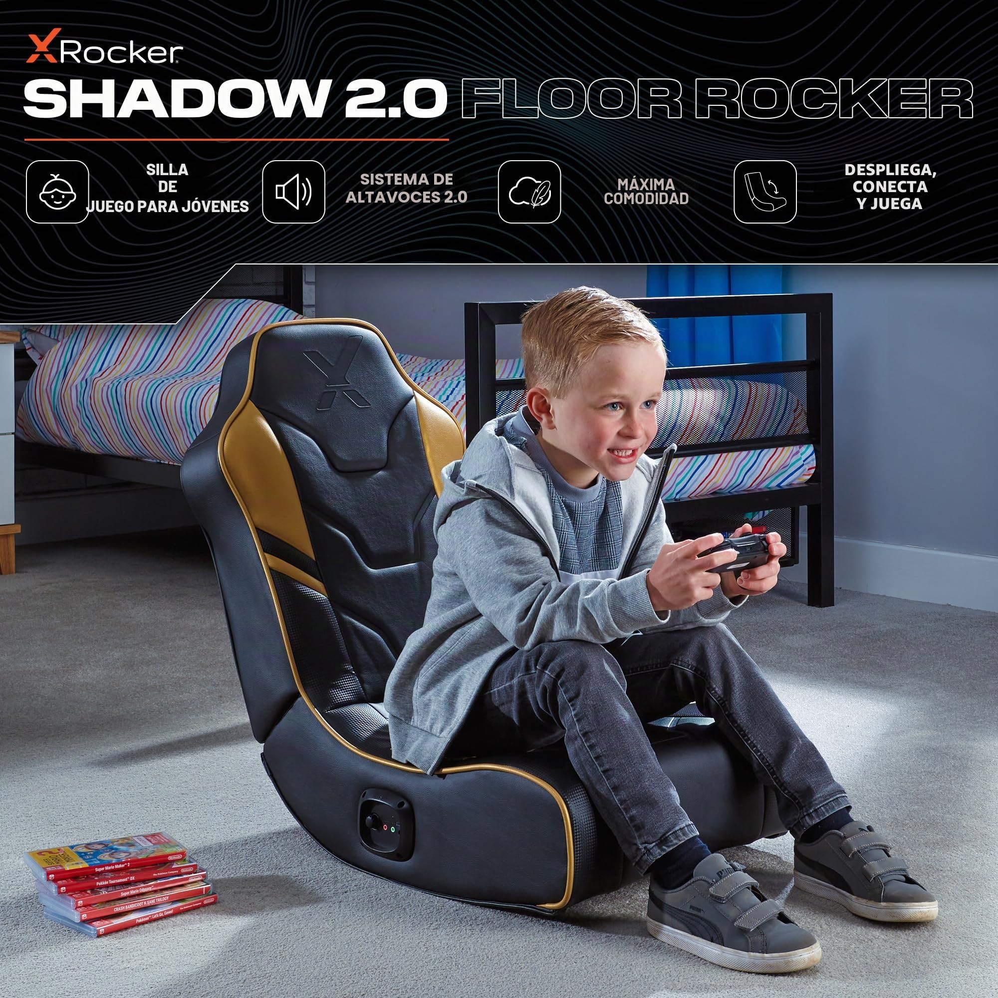 X-Rocker Shadow - Silla de juegos para niños y jóvenes, balancín de suelo de audio 2.0, asiento oscilante plegable bajo con 2 altavoces de sonido estéreo, asiento acolchado de espuma para juegos para