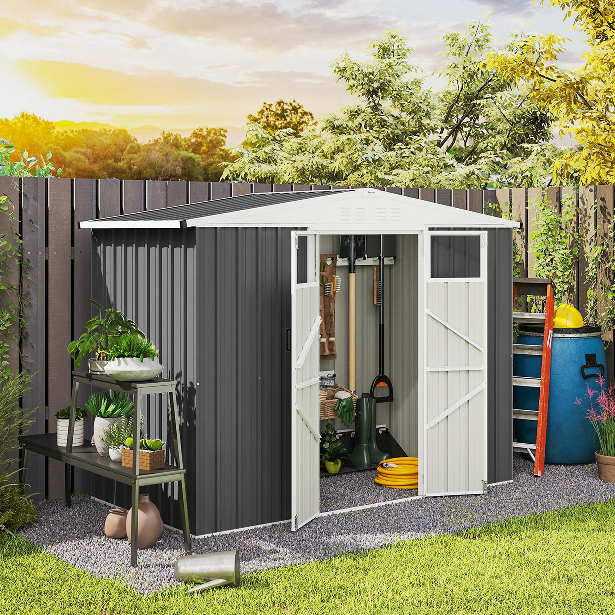 Outsunny Casetta da Giardino 2.7m² in Acciaio Zincato con 4 Prese d'Aria e 2 Finestre Trasparenti, Capanno Porta Attrezzi con Tetto Inclinato, Doppio Porte Bloccabili con Chiavi e Guanti Grigio Scuro