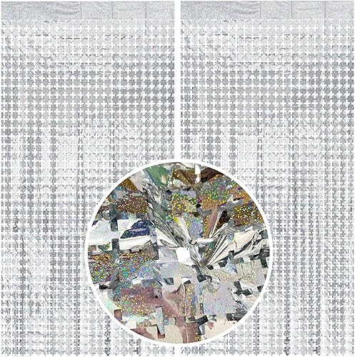 Cortina cuadrada de oropel para fiesta, 2 cortinas de flecos de papel de aluminio con purpurina, decoración de fiesta, telón de fondo plateado para