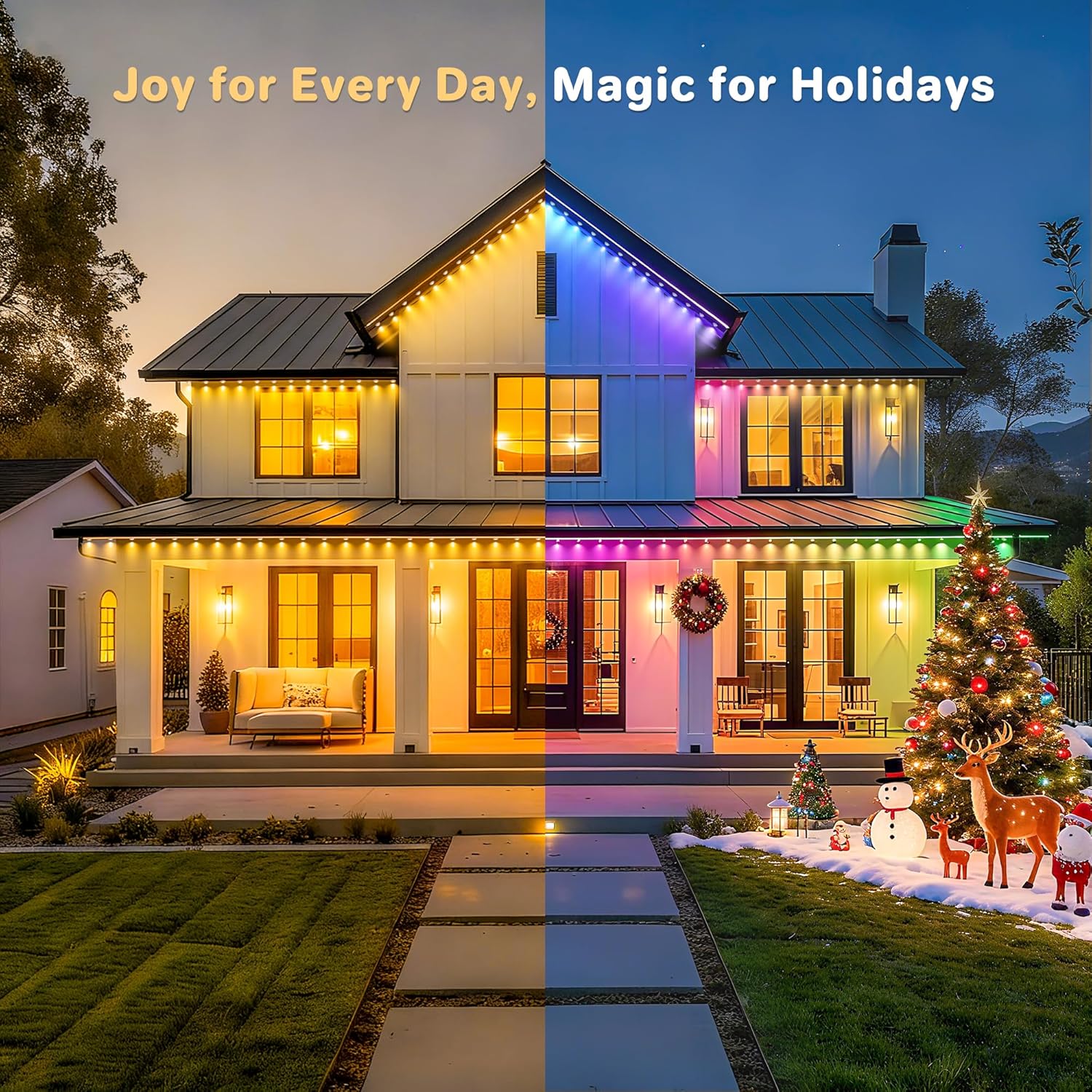 50ft Permanent Outdoor Lights with 30 Bright LEDs, 120° Wide Beam RGBIC Smart Eave Lights, 16 Million Colors & Music Sync, IP67 Waterproof Year-Round Architectural Lighting for House Decor