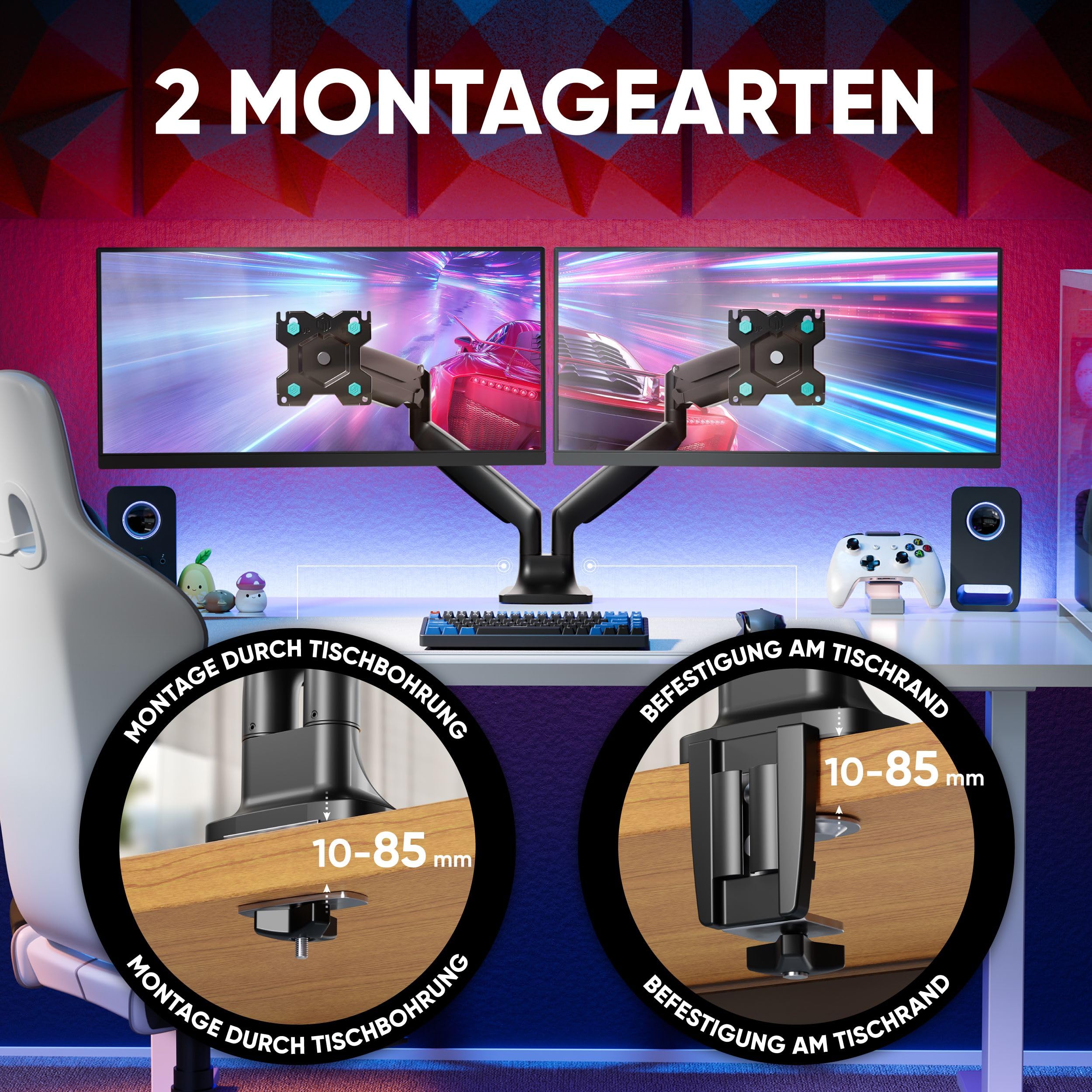 ONKRON dual Monitor Halterung 13-32", 9 kg (x2), max VESA 100x100, G200-B | Doppel Monitorarm bis 61,5 cm ausziehbar, Gasdruckfeder, schwenkbar, drehbar, Klemm-/Bohrmontage; für Homeoffice & Gaming