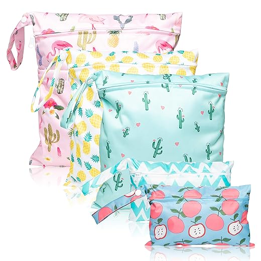 R HORSE 5Pcs Waterproof Reusable Wet Bag Diaper Baby Cloth Diaper Summer Wet Dry Bags with 2 Zippered Pockets Travel Beach Pool Bag with Pineapple Flamingo Cactus Pattern(3 Sizes)