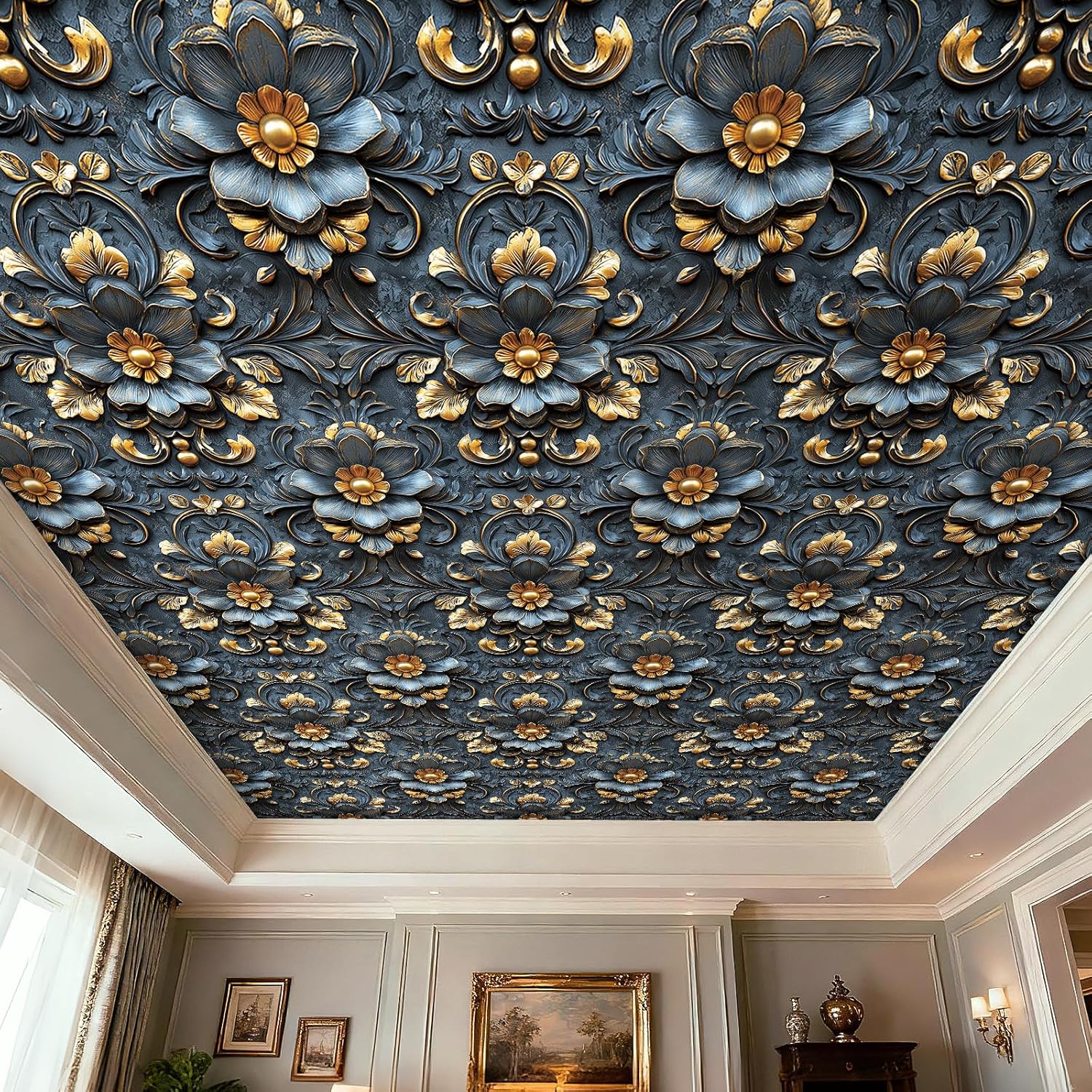 FunStick 17.5"x354" Vintage Dark 3D Floral Peel and Stick Wallpaper Faux Embossed Flower Blue Wallpaper for Living Room Ceiling Wall Covering Panels Removable Blue and Gold Contact Paper for Cabinets