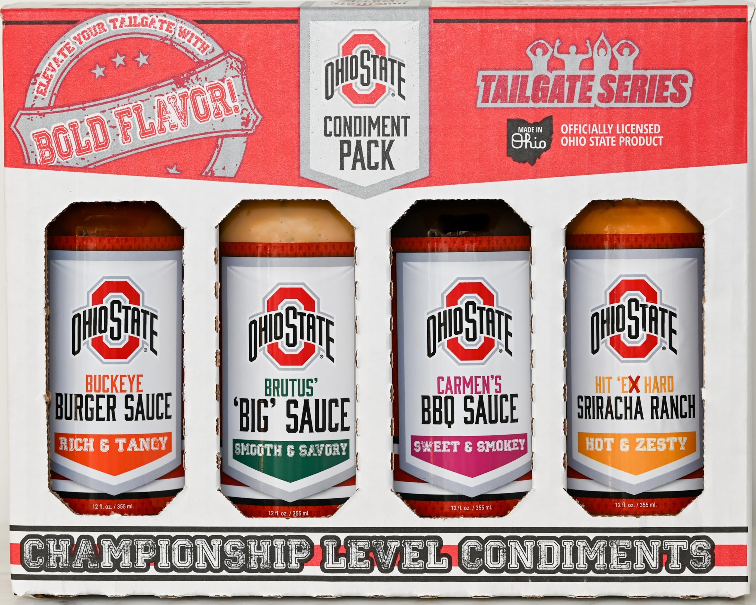 Ohio State Tailgate Pack - Essential Sauces for Grilling & Tailgating OSU Style - Burger, BBQ, Sriracha Ranch & 'Big' Sauces - Sweet, Smokey, Hot, Zesty, Tangy, Savory, Rich & Smooth - 4 x 12oz Bottles