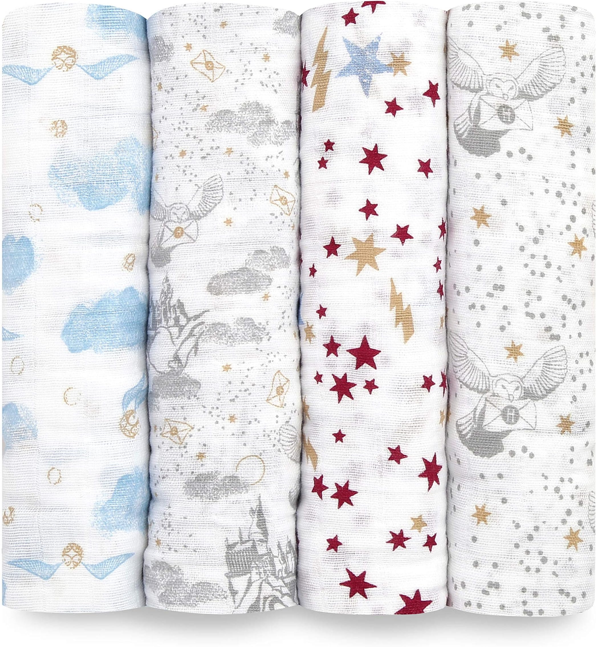 aden + anais 100% cotton Muslin Swaddle & Receiving Blankets for Baby Girls & Boys, 120x120cm, Ideal Newborn & Infant Swaddling Wrap Set, Perfect Shower Gifts, 4 Pack, Harry Potter™ iconic
