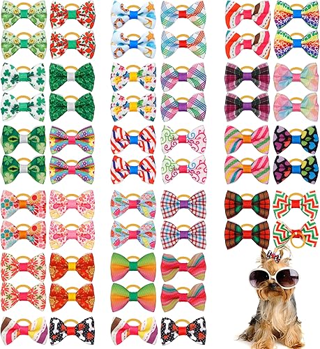 YAKA 60 lazos para el pelo con bandas de goma hechos a mano para perros (30 París) para el pelo de perrito (60 piezas, bonitos patrones) (bandas de