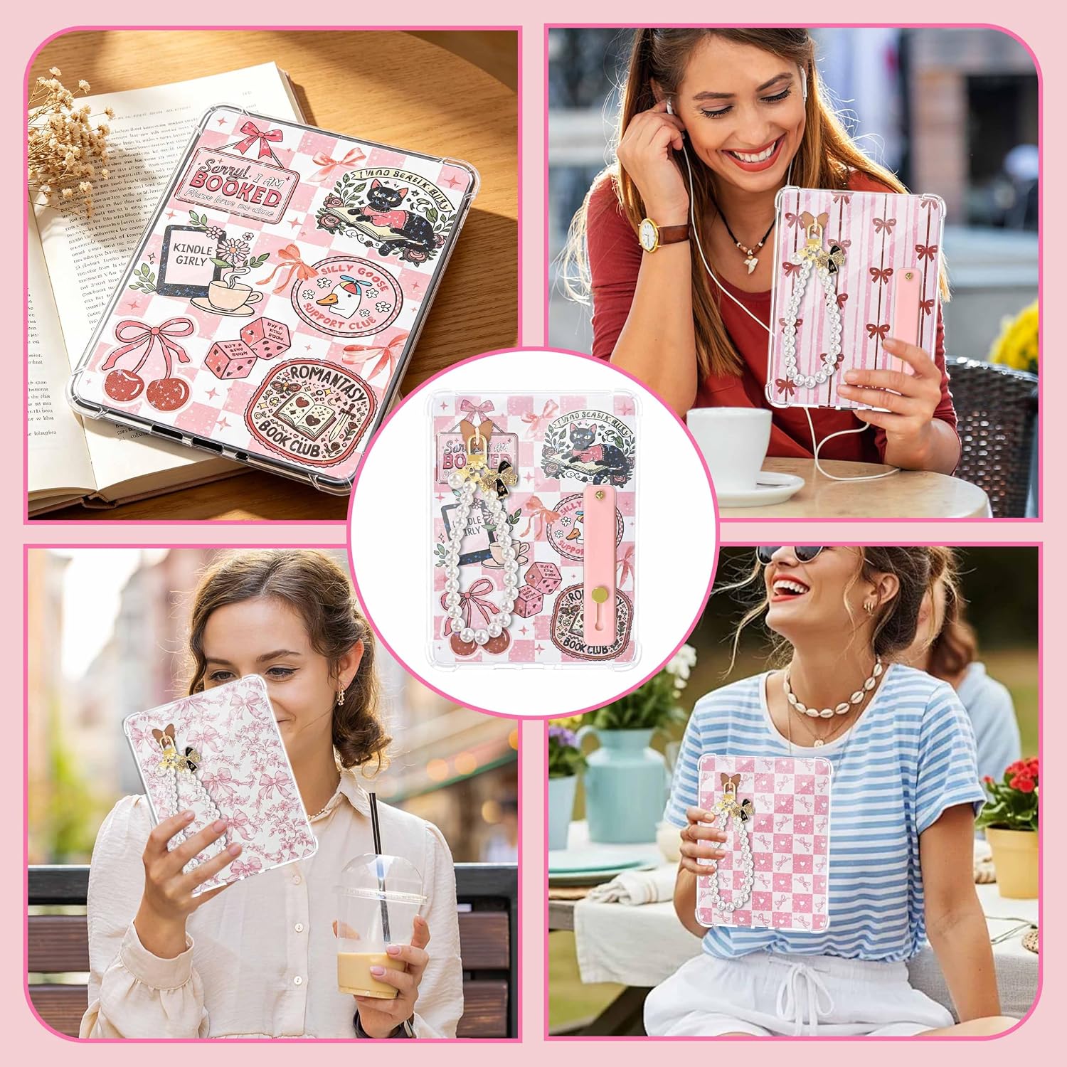 Mlife 8 Pcs Inserts Cardstock for Kindle E-Reader with 2PCS Charms & 49PCS Stickers for Kindle Inserts, 1 Grip Holder, 6.7"x4.7" Light-Pink Theme Back Cover Inserts for Kindle Paperwhite 11th-12th