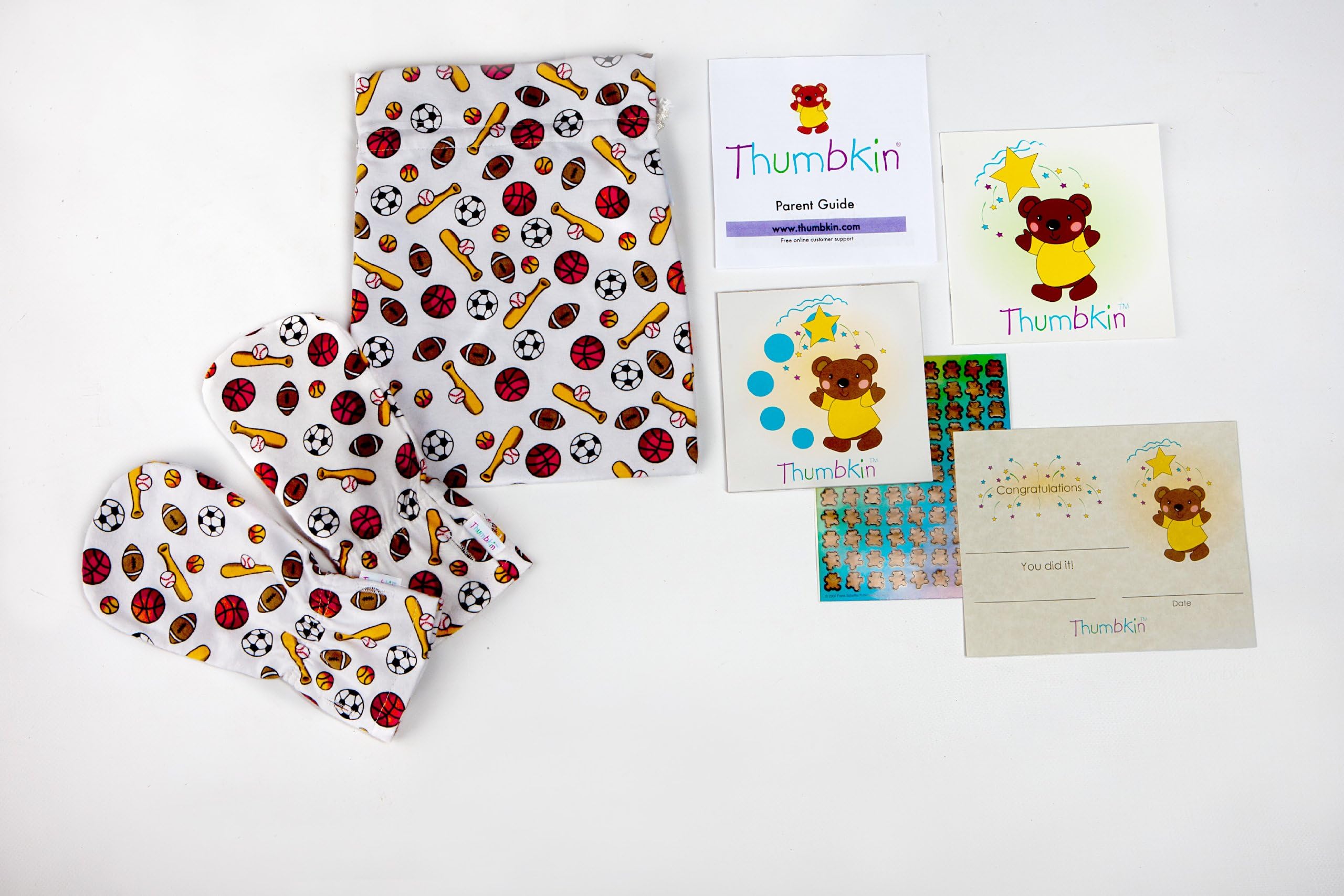 Stop Thumb Sucking Complete System with Step by Step Parent Guide - Bats and Balls Pattern -by Thumbkin - Small