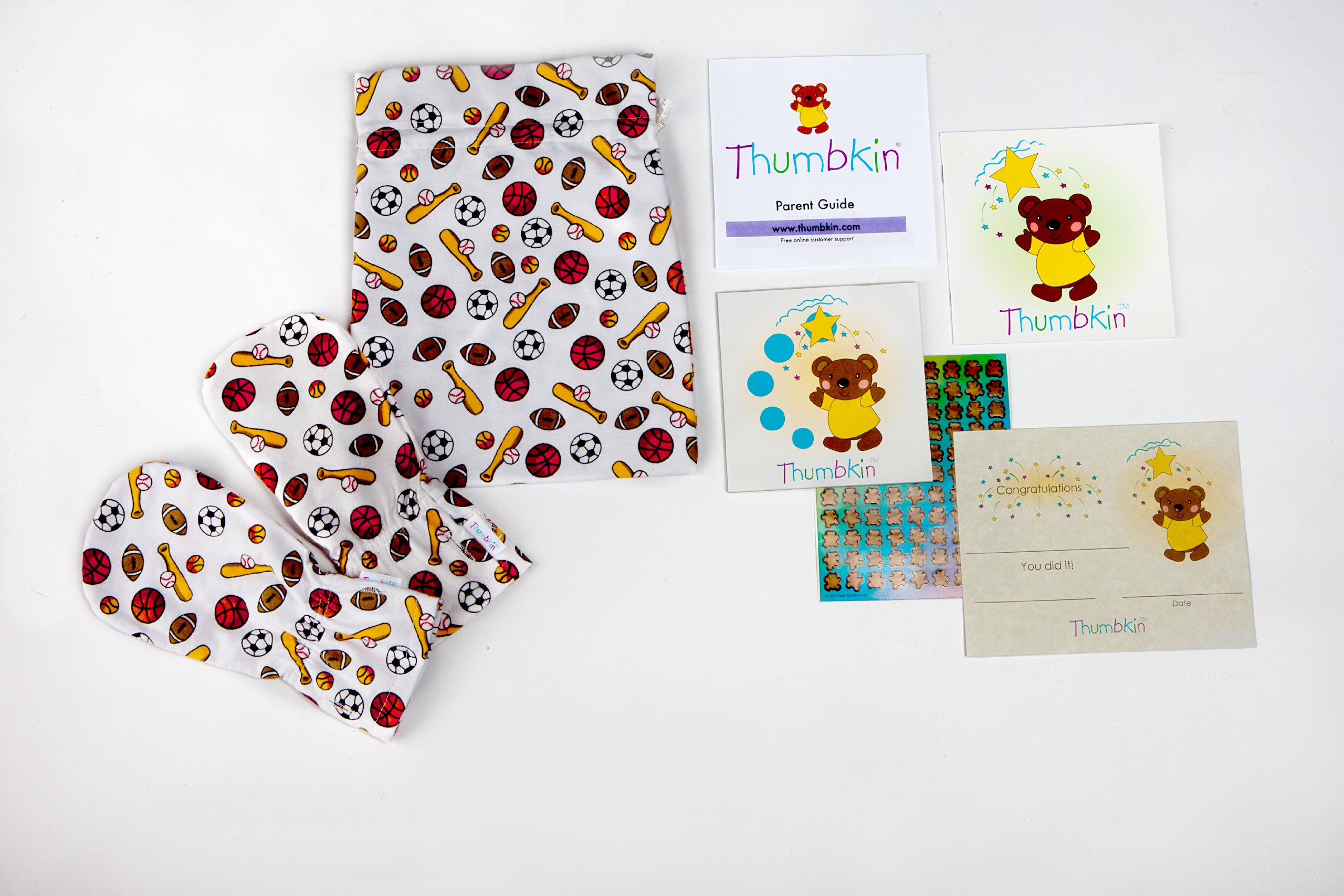 Stop Thumb Sucking Complete System with Step by Step Parent Guide - Bats and Balls Pattern -by Thumbkin - Small