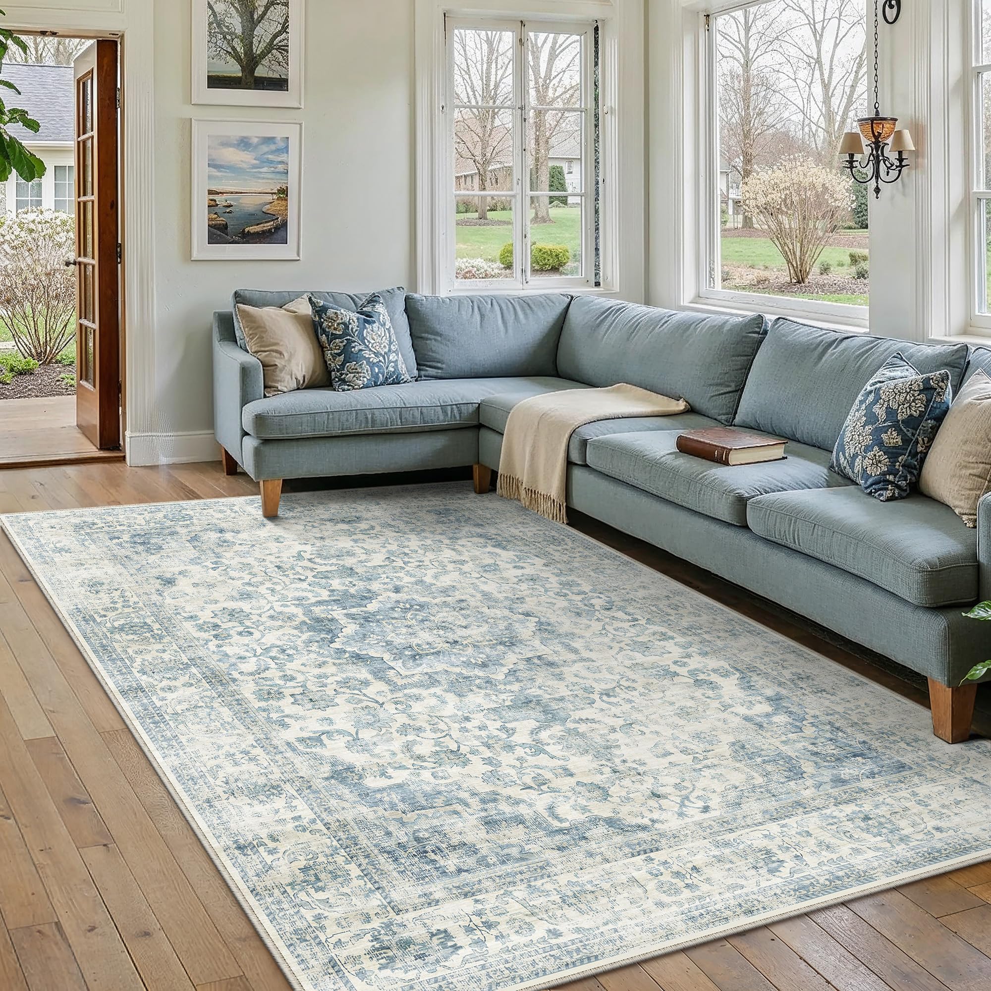 PureCozy Vintage Rugs Living Room 160x230cm Blue Machine Washable Non Slip Area Rug Kids Bedroom Bedside Lounge Playroom Office Indoor Large Carpet Retro Low Pile Carpets