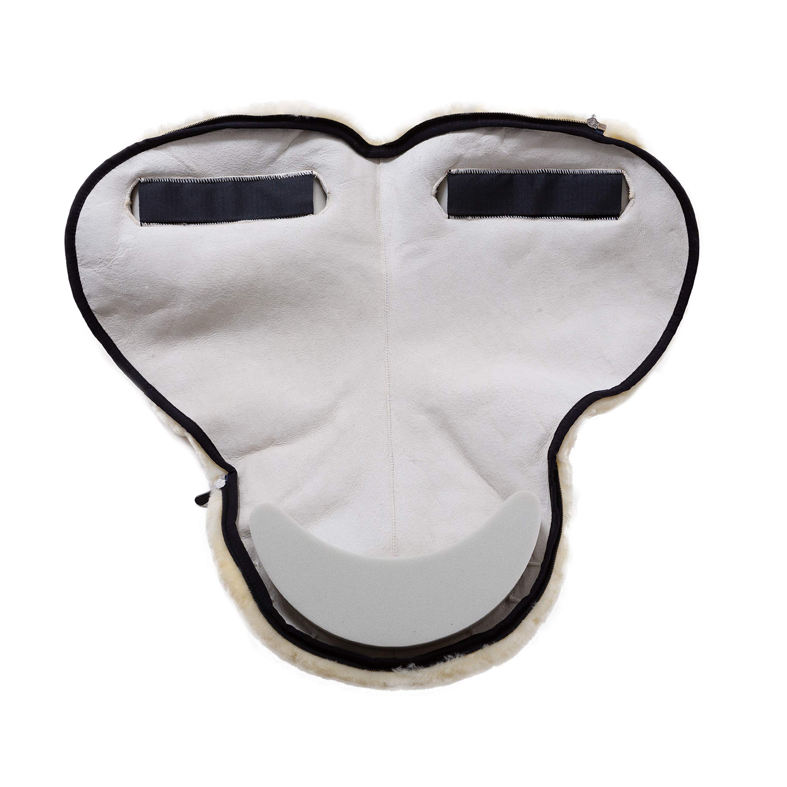 Selle de cheval «Fellsattel PREMIUM Plus» de WERNER CHRIST – selle de peau d’agneau de haute qualité (treeless), pour les chevaux demi-sang, poneys et shetlands. Couleurs: anthracite, marron et beige.