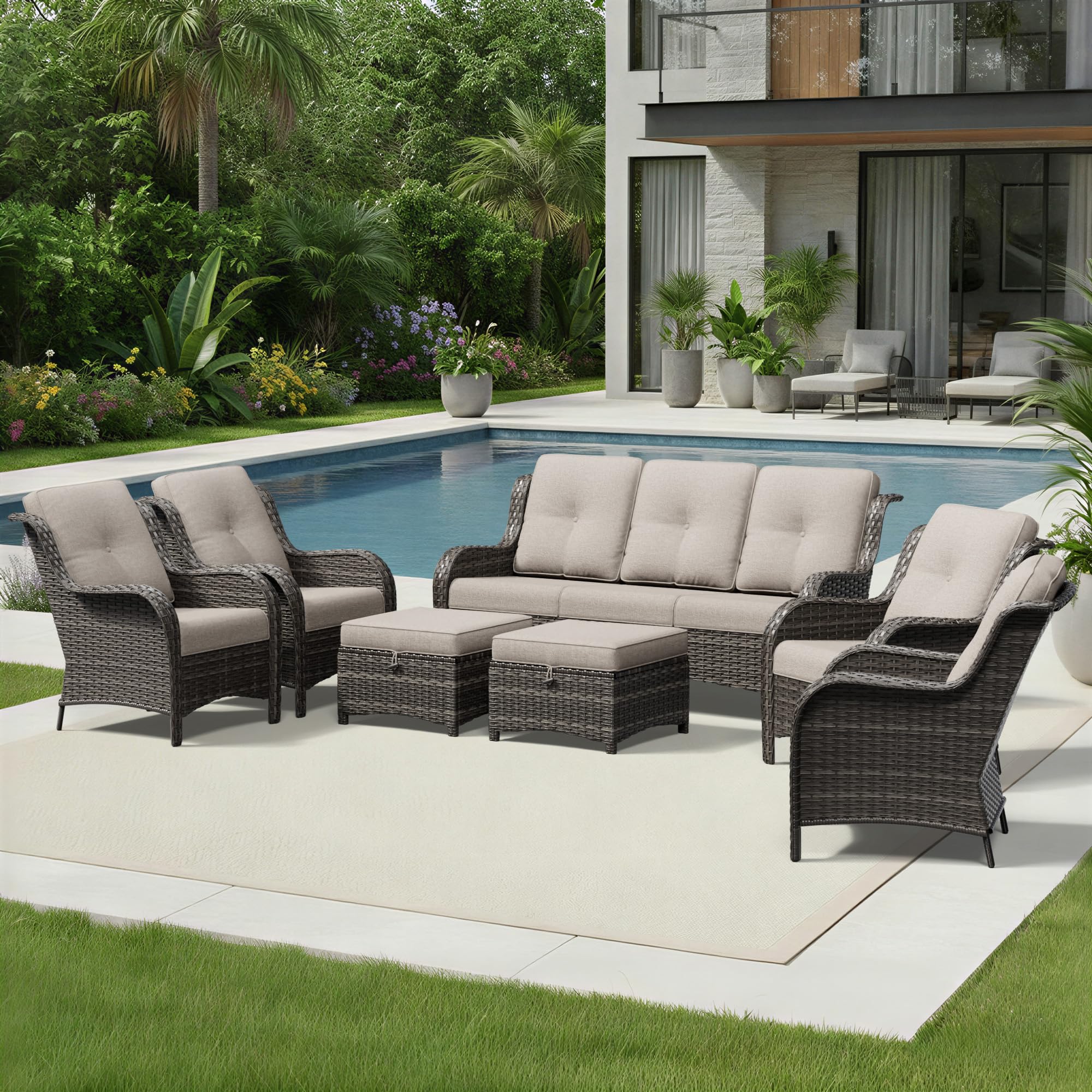 Joyside 7 Piece Wicker Patio Furniture Set, Rattan Patio Chairs with High Back, Deep Seating, Wide Armrest, Thickened Cushions, Outdoor Furniture for Deck, Porch Use