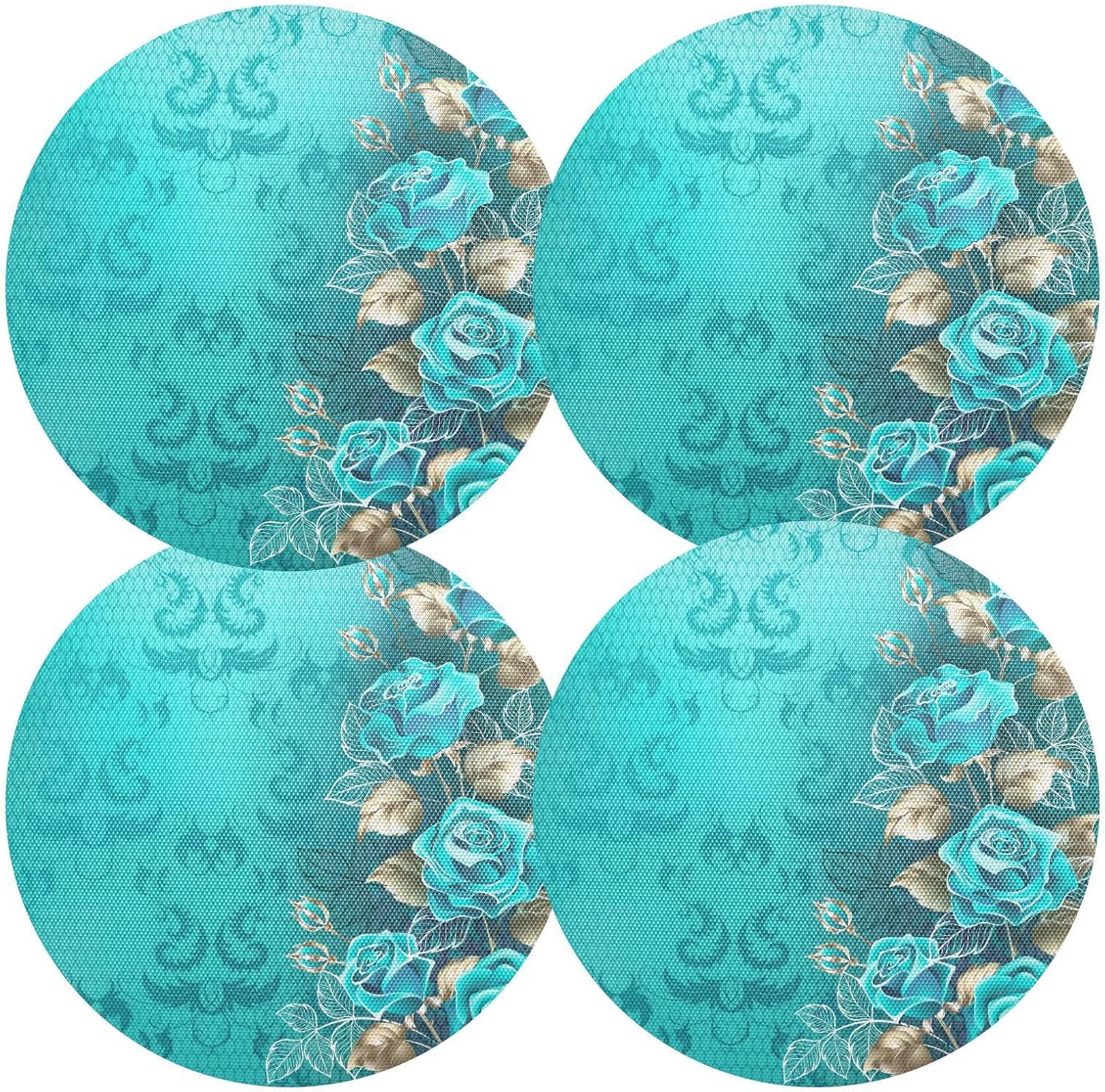 Round Placemats Set of 4 Teal Turquoise Rose Flowers Kitchen Table Place Mats PVC Table Mats 15.4 Inch