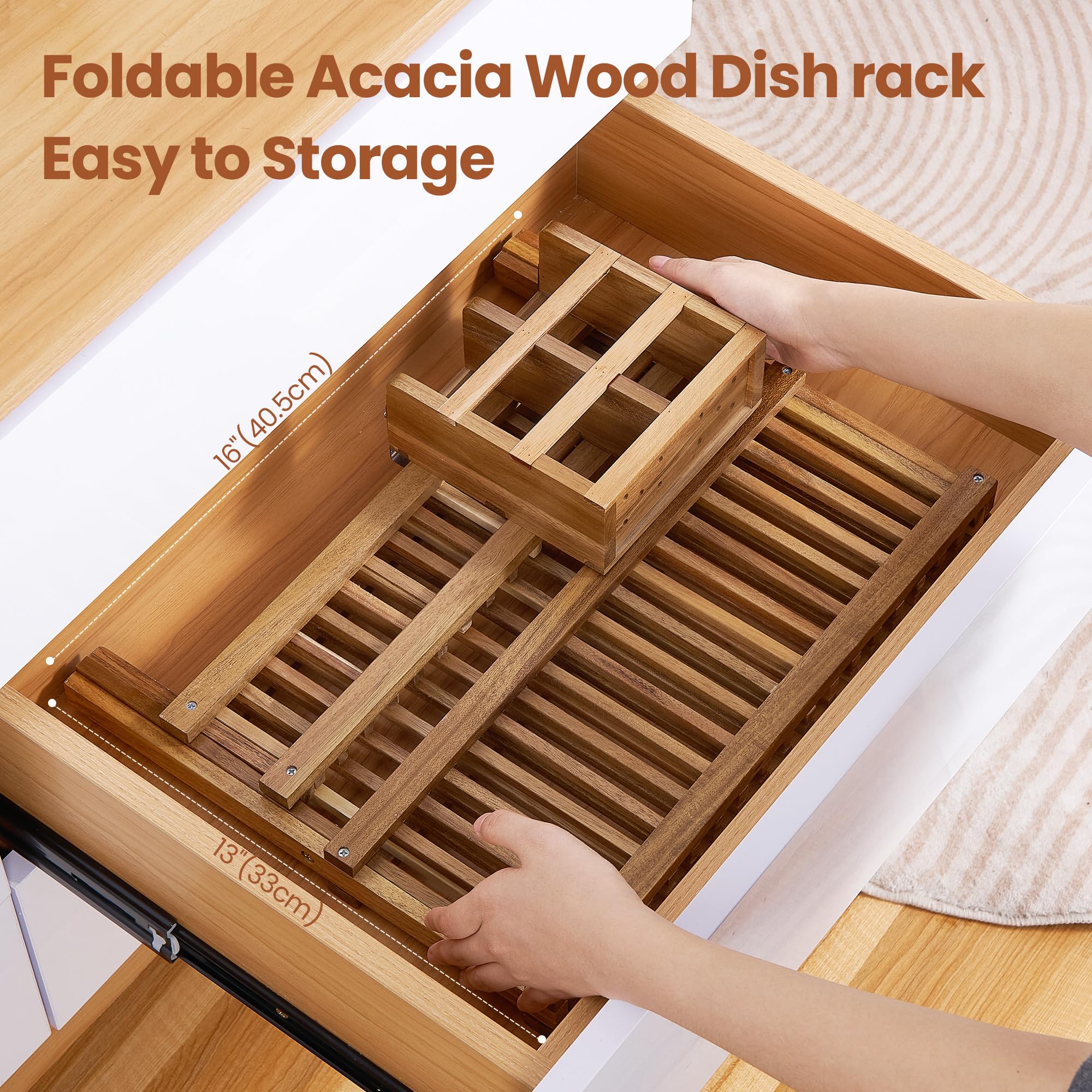 Escurridor de platos de acacia, plegable de 2 niveles con soporte para utensilios, escurridor de platos de madera grande para encimera de cocina