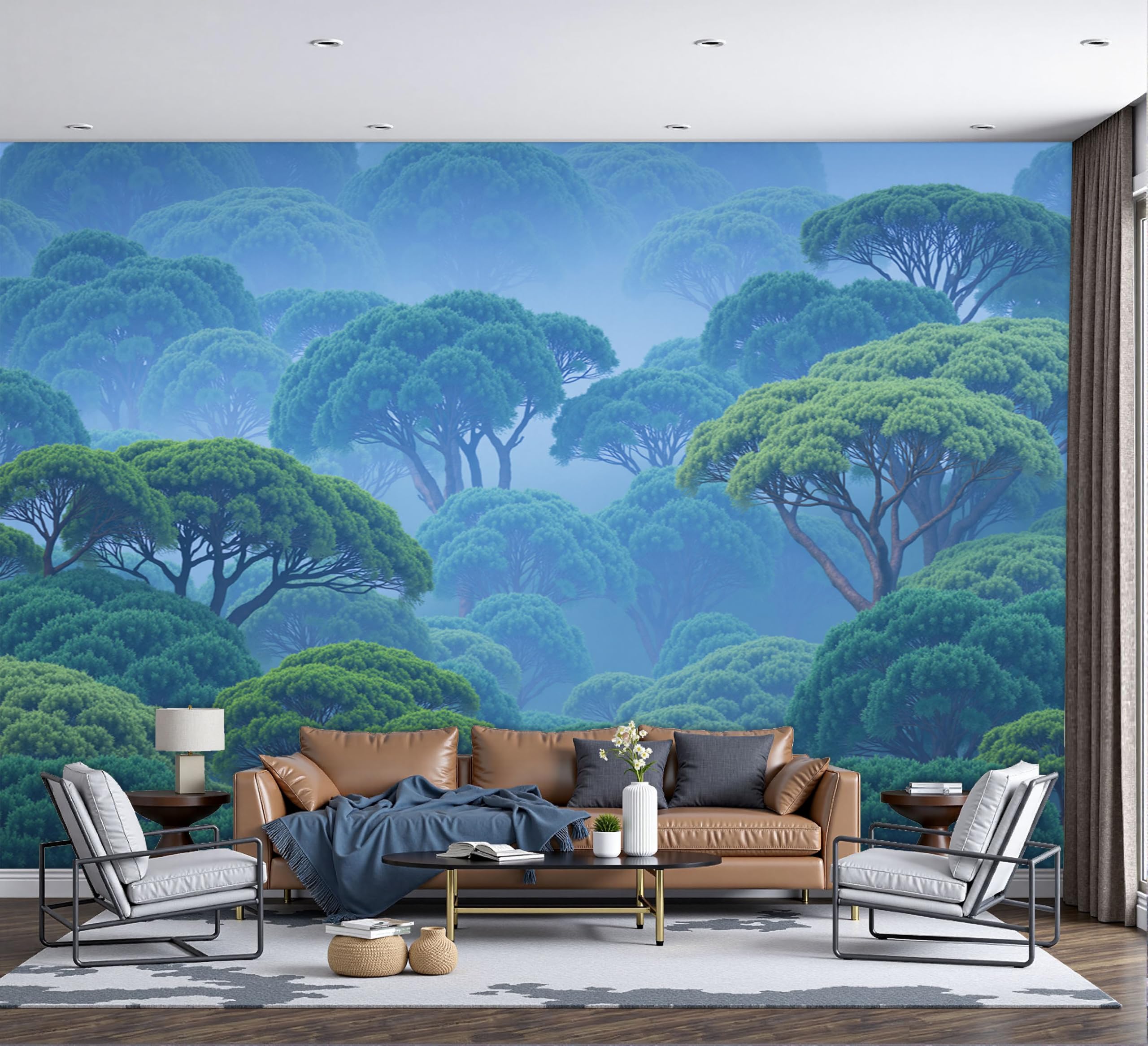 Papier Peint Forêt Brumeuse XXL pour Créer une Ambiance Jungle dans le Salon