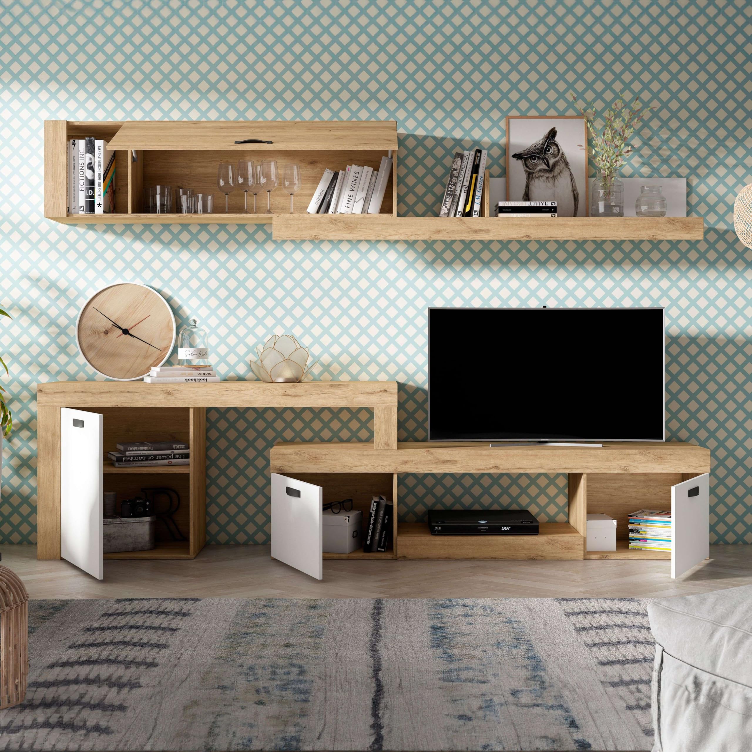 Mueble Salón Modular Rinconero Conjunto Completo Mueble TV Argos 4 Módulos Blanco Mate y Roble Naturale 293x200x40 cm