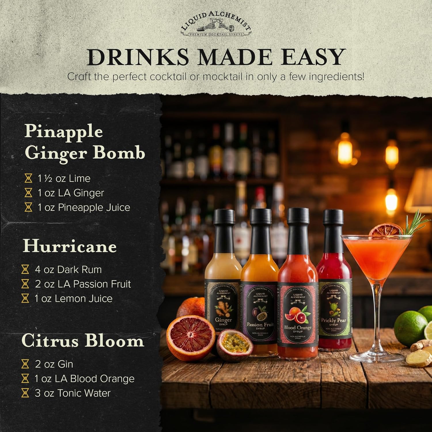 Liquid Alchemist Syrup Sample Pack - 4 Flavor Variety Set: Passion Fruit, Blood Orange, Ginger, & Prickly Pear – 150 ML Bottles – Cocktail Syrups for Drinks, Mocktails, Margaritas & Mixers