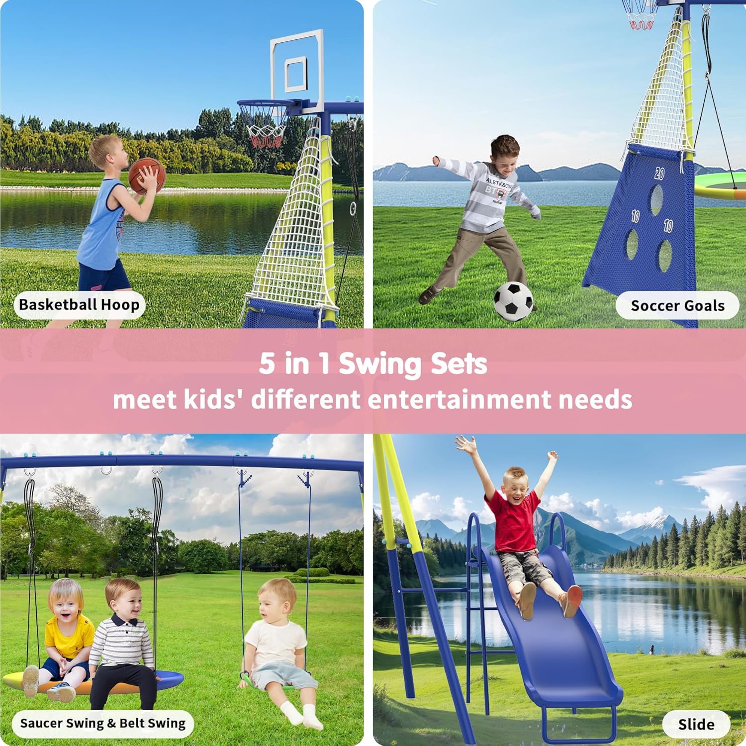 Swing Sets for Backyard, Heavy-Duty Swing and Slide Set, 440lbs 5 in 1 Outdoor Swing Set with Slide, Saucer Swing, Swing Seat, Soccer Goals and Basketball Hoop, Outdoor Playset Suitable for Kids