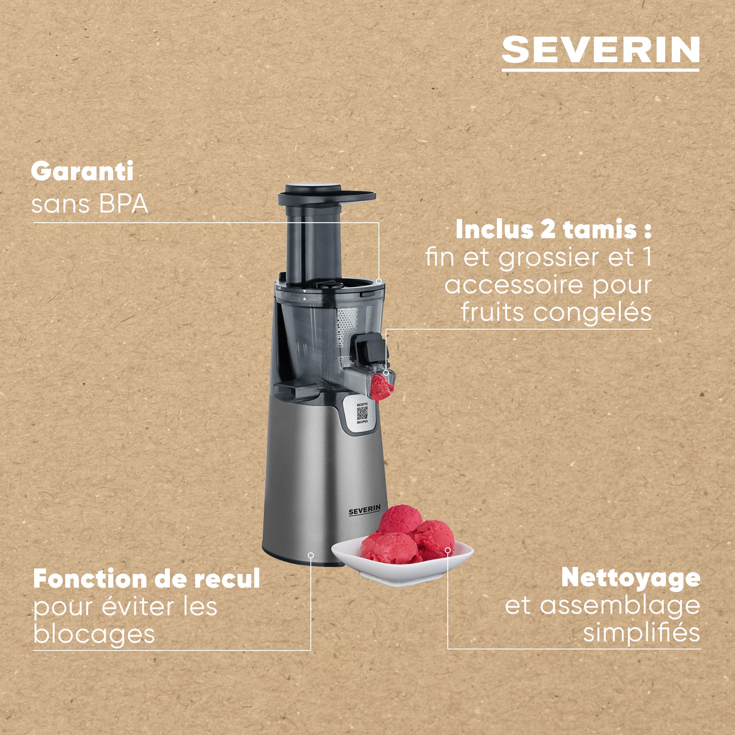 SEVERIN Slow Juicer - Centrifugeuse pour jus, sorbets, glaces, confitures et autres, presse-agrumes électrique en acier inoxydable, nettoyage facile, bac de récupération de 1L, 150 Watt, ES 3571