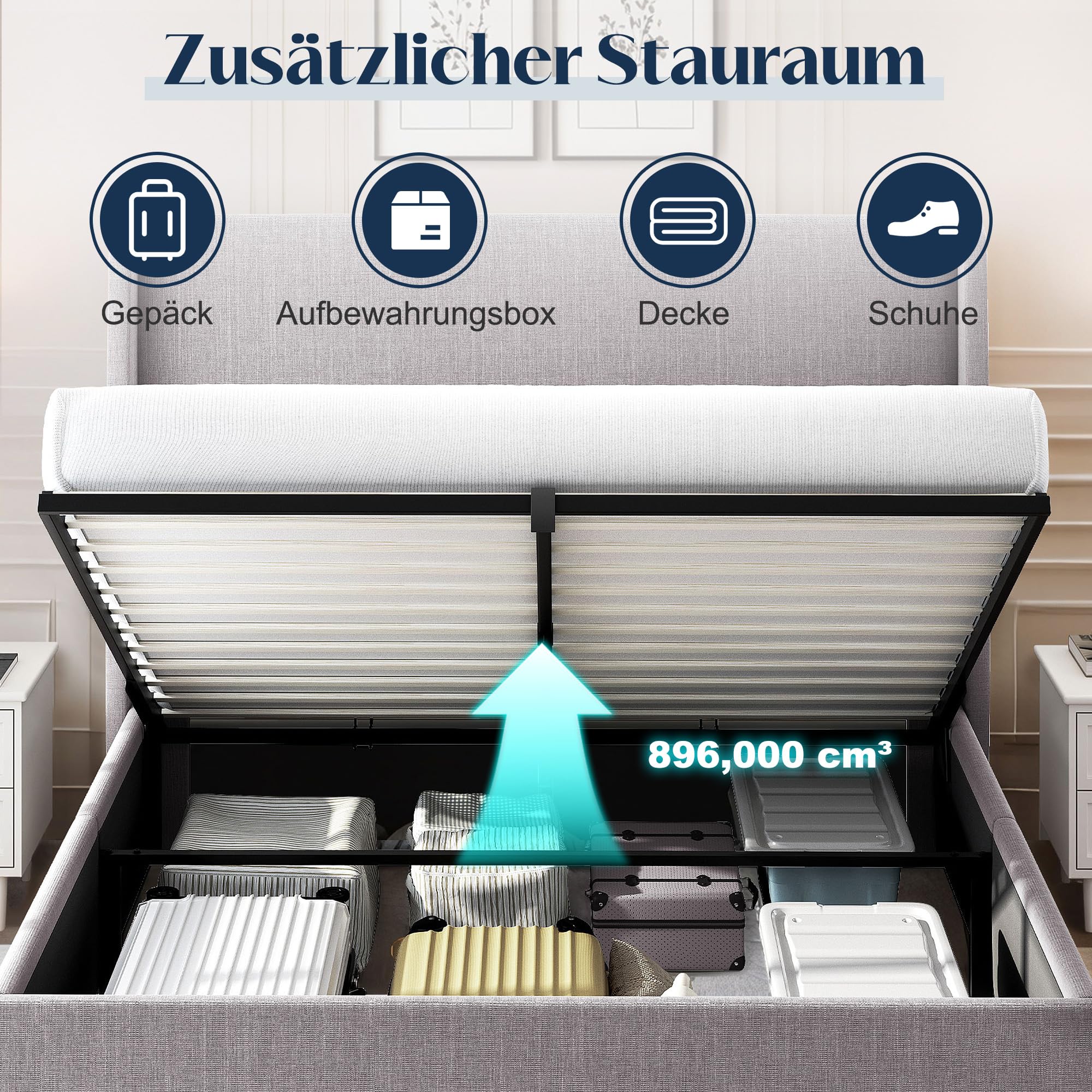 LUXOAK Polsterbett 160x200 mit Stauraum, Hydraulischer Bettkasten, Wingback Kopfteil 120 cm, Gepolstertes Bettgestell mit Lattenrost(Grau, 160 x 200 cm)