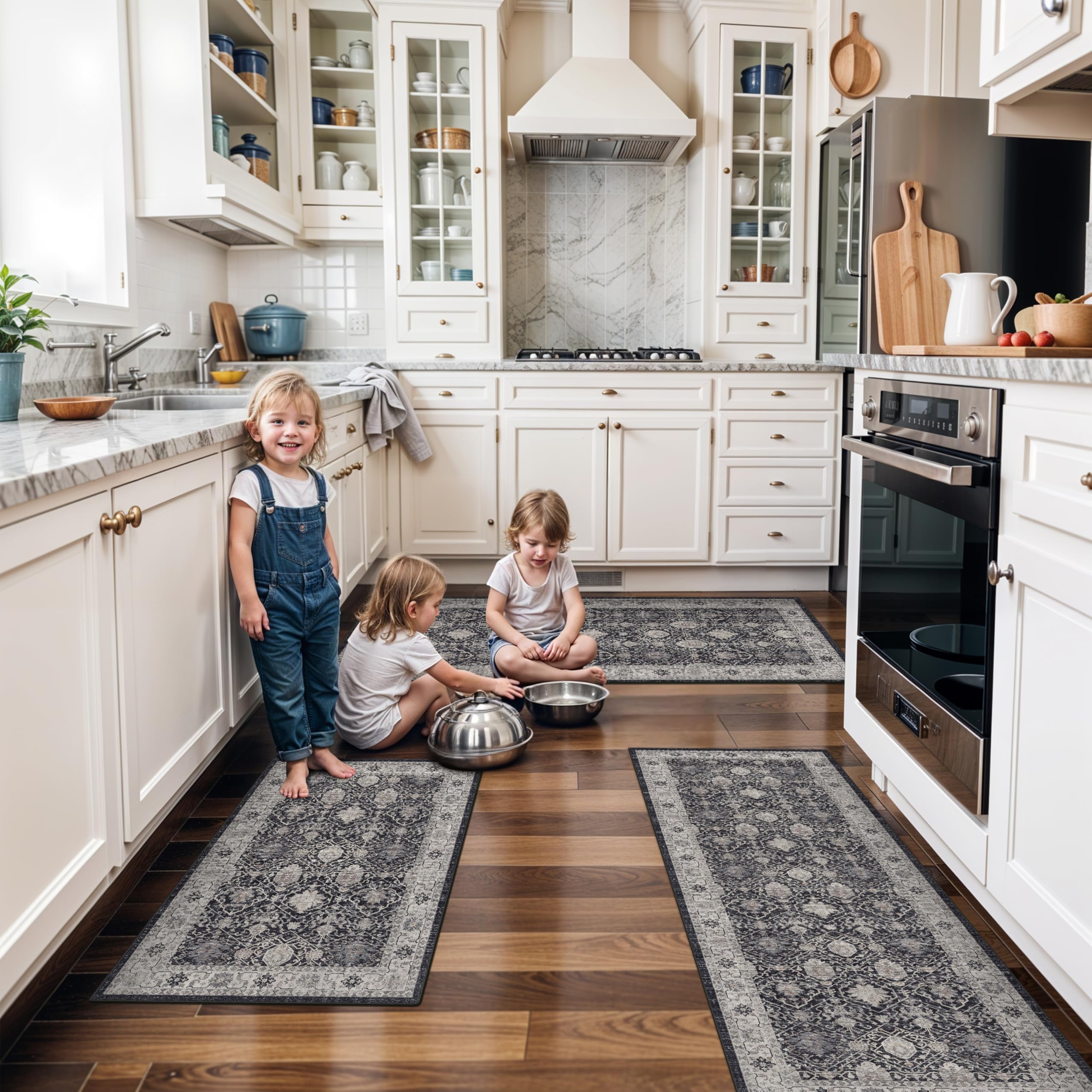 Washable 4-Piece Kitchen Floor Mats: Farmhouse Non-Slip Kitchen Sink Rug Easy Clean Water-Resistant Runners for Hallway Bathroom Soft Decorative Carpet for Pet Feeding Area(2x3+2x4+2x5+2x6,Black) โ image 1