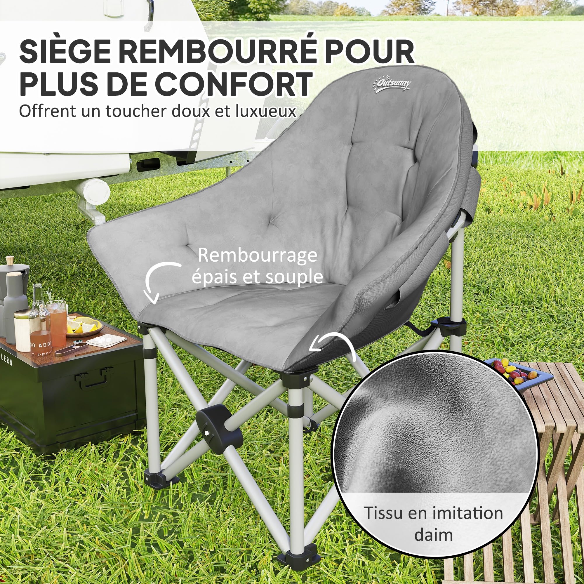 Outsunny Chaise Pliante Camping Chaise de Pêche Portable Gris Foncé | Légère, Siège Rembourré, Poches Latérales, Sac de Transport, Fauteuil Pliant, Randonnée, Pêche, Plage, Pique-Nique