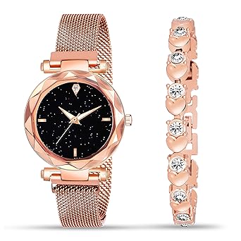 Jiya Creation Branded Girls Watch with Bracelet Combo Diamond Analogue Watch Girl Stylish for Woman or Girl or Female, Combo of 2
