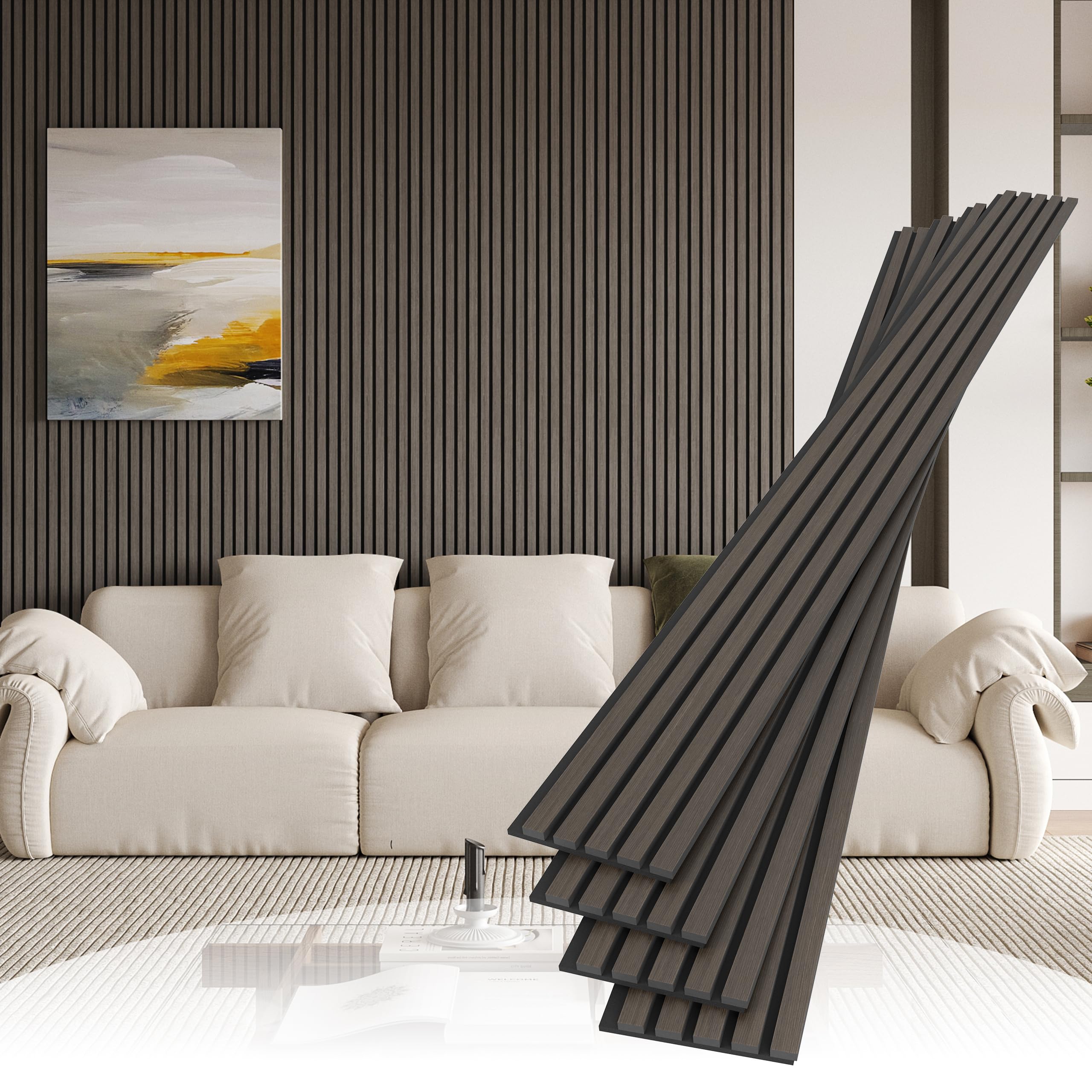 4 Pack Wood Slat Wall Wood Paneling,95 x 8 in Soundpoof Wooden Engineered Wooden Slat Wall Panels,Stylish Acoustic Wall Panels for Interior Walls Decor with Felt Backing,Black-Brown