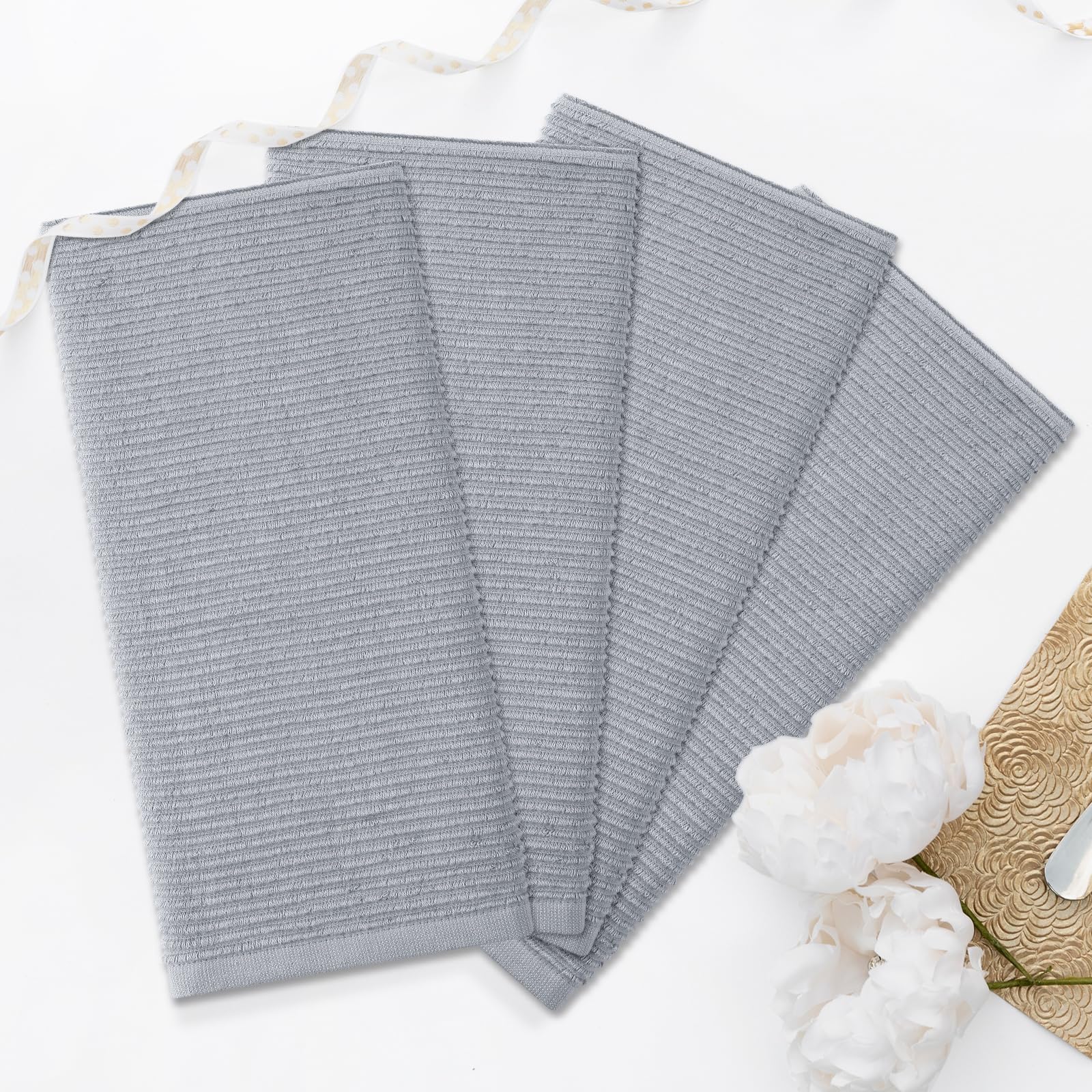 Homaxy Lot de 12 grands torchons de cuisine 100 % coton, ultra absorbants, en tissu éponge côtelé, avec boucle de suspension, 45,7 x 71,1 cm, gris