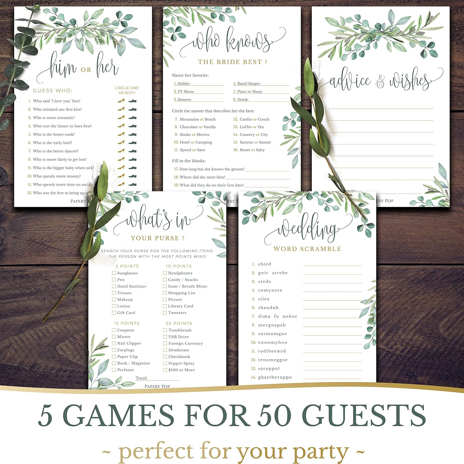 Bridal Shower Games - Set of 5 Games for 50 Guests - Wedding Shower Games - Eucalyptus
